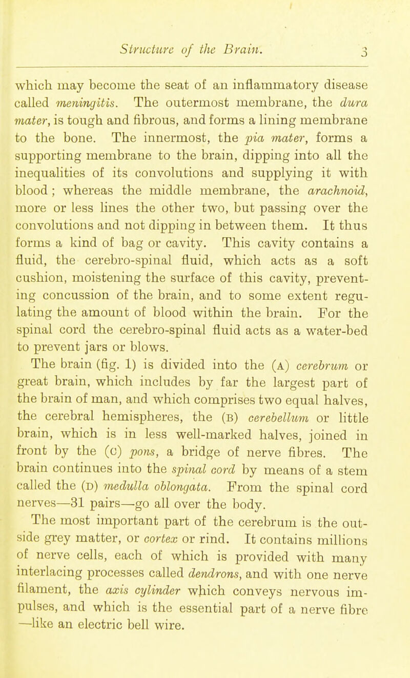 which may become the seat of an inflammatory disease called meningitis. The outermost membrane, the dura mater, is tough and fibrous, and forms a lining membrane to the bone. The innermost, the pia mater, forms a supporting membrane to the brain, dipping into all the inequalities of its convolutions and supplying it with blood ; whereas the middle membrane, the arachnoid, more or less lines the other two, but passing over the convolutions and not dipping in between them. It thus forms a kind of bag or cavity. This cavity contains a fluid, the cerebro-spinal fluid, which acts as a soft cushion, moistening the surface of this cavity, prevent- ing concussion of the brain, and to some extent regu- lating the amount of blood within the brain. For the spinal cord the cerebro-spinal fluid acts as a water-bed to prevent jars or blows. The brain (fig. 1) is divided into the (a) cerebrum or great brain, which includes by far the largest part of the brain of man, and which comprises two equal halves, the cerebral hemispheres, the (b) cerebellum or little brain, which is in less well-marked halves, joined in front by the (c) pons, a bridge of nerve fibres. The brain continues into the spinal cord by means of a stem called the (d) medulla oblongata. From the spinal cord nerves—31 pairs—go all over the body. The most important part of the cerebrum is the out- side grey matter, or cortex or rind. It contains millions of nerve cells, each of which is provided with many interlacing processes called dendrons, and with one nerve filament, the axis cylinder which conveys nervous im- pulses, and which is the essential part of a nerve fibre —like an electric bell wire.