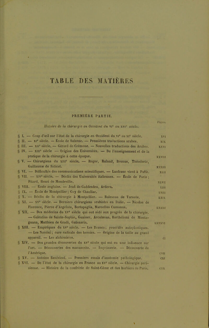 0 TABLE DES MATIÈRES PREMIÈRE PARTIE. Pa,s;os. Histoire de la chirurgie en Occident du vie au xviu siècle. § I. — Coup d'œil sur l'état de la chirurgie en Occident du vie au XIe siècle. xvi § II. — XIe siècle. — École de Salerne. — Premières traductions arabes. xix § III. — xne siècle. — Gérard de Crémone. — Nouvelles traductions des Arabes. xxvi § IV. — xme siècle — Origine des Universités. — De l'enseignement et de la pratique delà chirurgie à cette époque. XXYIU § V. — Chirurgiens du xme siècle. — Roger, Roland, Rrunus, Théodoric, Guillaume de Salicet. xxxm § VI. — Difficultés des communications scientifiques. — Lanfranc vient à Pafis. xlii § VII. — xiv° siècle. — Déclin des Universités italiennes. — École de Paris; Pitard, Henri de Mondeville. xlvii § VIII. — École anglaise. — Jean de Gaddesden, Ardern. lui § IX. — École de Montpellier ; Guy de Chauliac. lviii § X. — Déclin de la chirurgie à Montpellier. — Ralescon de Tarante. lxix § XI. — XVe siècle. — Derniers chirurgiens arabistes en Italie. — Nicolas de Florence, Pierre d'Argelala, Bertapaglia, Marcellus Cumanus. lxxiii § XII. — Des médecins du XVe siècle qui ont aidé aux progrès de la chirurgie. — Galeatius de Sainte-Sophie, Guainer, Arculanus, Barthélemi de Monta- gnana, Matthieu de Gradi, Gatenaria. lxxxvi § XIII. — Empiriques du xve siècle. — Les Branca; procédés autoplastiques. — Les Norsini; cure radicale des hernies. — Origine de la taille au grand appareil. — Les alchimistes. ci § XIV. — Des grandes découvertes du XVe siècle qui ont eu une influence sur l'art. — Découvertes des manuscrits. — Imprimerie. — Découverte de l'Amérique. cvn § XV. — Antoine Denivicni. — Premiers essais d'anatomie pathologique. cxi § XVI. — De l'état de la chirurgie en France au xv° siècle. — Chirurgie pari- sienne. — Histoire de la confrérie de Saint-Côme et des bnrhiers de Paris. cxx