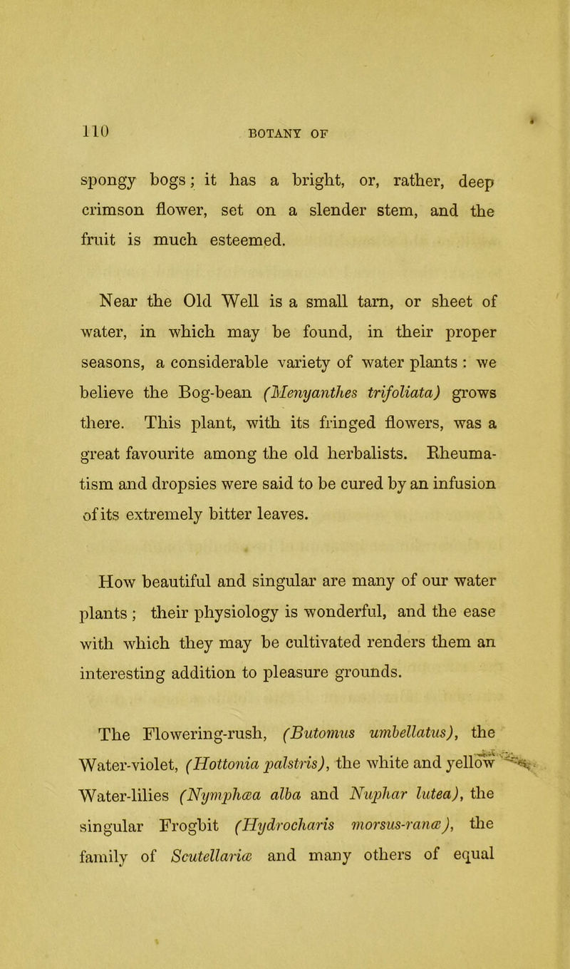 spongy bogs; it has a bright, or, rather, deep crimson flower, set on a slender stem, and the fruit is much esteemed. Near the Old Well is a small tarn, or sheet of water, in which may be found, in their proper seasons, a considerable variety of water plants : we believe the Bog-bean (Menyanthes trifoliata) grows there. This plant, with its fringed flowers, was a great favourite among the old herbalists. Rheuma- tism and dropsies were said to be cured by an infusion of its extremely bitter leaves. How beautiful and singular are many of our water plants ; their physiology is wonderful, and the ease with which they may be cultivated renders them an interesting addition to pleasure grounds. The Flowering-rush, (Butomus umhellatus), the Water-violet, (Hottonia imlstns), the white and yellow ' Water-lilies (Nymphcsa alba and Niqdhar lutea), the singular Frogbit (Hydrocharis morsus-mncc), tlie family of Scutellaria and many others of equal