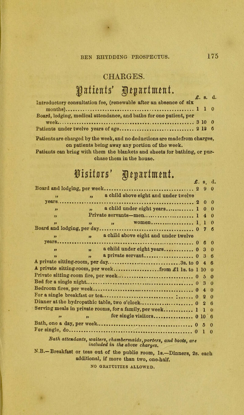 CHARGES. Introductory consultation fee, (renewable after an absence of six months) 110 Board, lodging, medical attendance, and baths for one patient, per week. 3 10 0 Patients under twelve years of age 2 13 6 Patients are charged by the week, and no deductions are madefrom charges, on patients being away any portion of the week. Patiaxits can bring with them the blankets and sheets for bathing, or pur- chase them in the house. Board and lodging, per week 2 9 0 „ ,, a child above eight and under twelve years 2 0 0 » „ a child under eight years 10 0 „ Private servants—men 1 4 0 » „ „ women 11 0 Board and lodging, per day 0 7 6 » » a child above eight and under twelve years 0 6 0 >» » a child under eight years 0 3 0 n „ a private servant 0 3 6 A private sitting-room, per day 3s. to 0 4 6 A private sitting-room, per week from £1 Is. to 1 10 0 Private sitting-room fire, per week 0 5 0 Bed for a single night 0 3 0 Bedroom fires, per week 4 0 For a single breakfast or tea • o 2 0 Dinner at the hydropathic table, two o’clock 0 2 6 Serving meals in private rooms, for a family, per week 1 1 o »• ,, for single visitors 0 10 6 Bath, one a day, per week 5 0 For single, do 1 0 Bath attendants, waiters, chambermaids,porters, and boots, ate included in the above charges. N.B.—Breakfast or teas out of the public room. Is.—Dinners, 2s. each additional, if more than two, one-half. NO GRATUITIES ALLOWED.