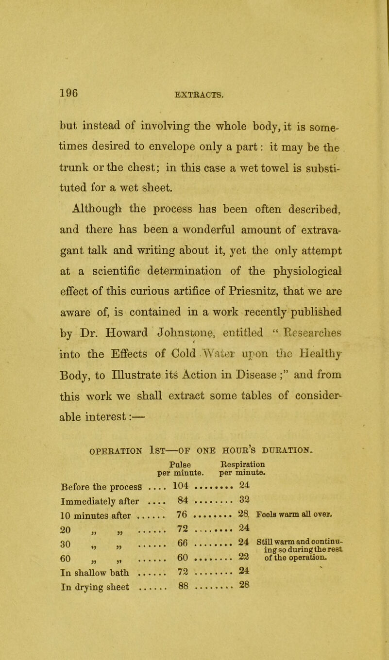 but instead of involving the whole body, it is some- times desired to envelope only a part: it may be the trank or the chest; in this case a wet towel is substi- tuted for a wet sheet. Although the process has been often described, and there has been a wonderful amount of extrava- gant talk and writing about it, yet the only attempt at a scientific determination of the physiological effect of this curious artifice of Priesnitz, that we are aware of, is contained in a work recently published by Dr. Howard Johnstone, entitled “ Researches into the Effects of Cold Water upon tlie Healthy Body, to Illustrate its Action in Disease and from this work we shall extract some tables of consider^ able interest:— OPEEATION 1st OF ONE HOUE’s DUEATION. Pulse Eespiration per minute. per minute. Before the process .... 104 Immediately after .... 84 10 minutes after 76 20 „ „ 72 30 ,, ,, 66 ,, ,, 60 In shallow bath 72 In drying sheet 88 24 32 28. Feels warm all over. 24 24 Still warm and continu- ing so duringthe rest 22 of the operation. 24 28
