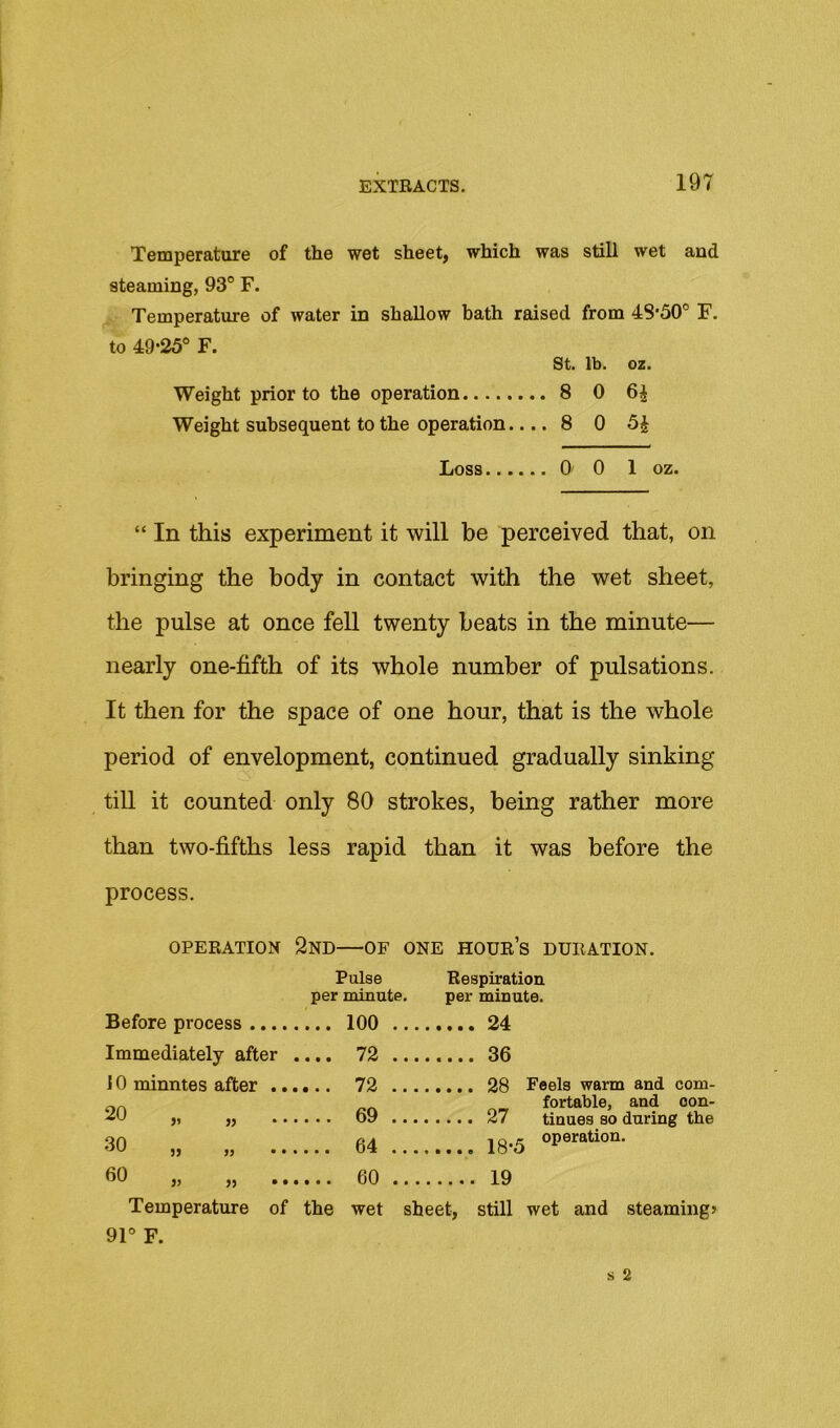Temperature of the wet sheet, which was still wet and steaming, 93° F. Temperature of water in shallow bath raised from 48’50° F. to 49-25° F. St. lb. oz. Weight prior to the operation 8 0 6^ Weight subsequent to the operation.... 8 0 5J Loss 0 0 1 oz. “ In this experiment it will be perceived that, on bringing the body in contact with the wet sheet, the pulse at once fell twenty beats in the minute— nearly one-fifth of its whole number of pulsations. It then for the space of one hour, that is the whole period of envelopment, continued gradually sinking till it counted only 80 strokes, being rather more than two-fifths less rapid than it was before the process. OPEEATION 2nd OF ONE HOUK’s DUBATION. Before process .... Pulse per minute. .... 100 ... Respiration per minute. Immediately after .... 72 ... 36 10 minntes after .. 20 „ „ 69 .... fortable, and con- 30 „ „ .... 64 .... 18-3 60 „ „ 19 Temperature of the wet sheet, still wet and steaming? 91° F.