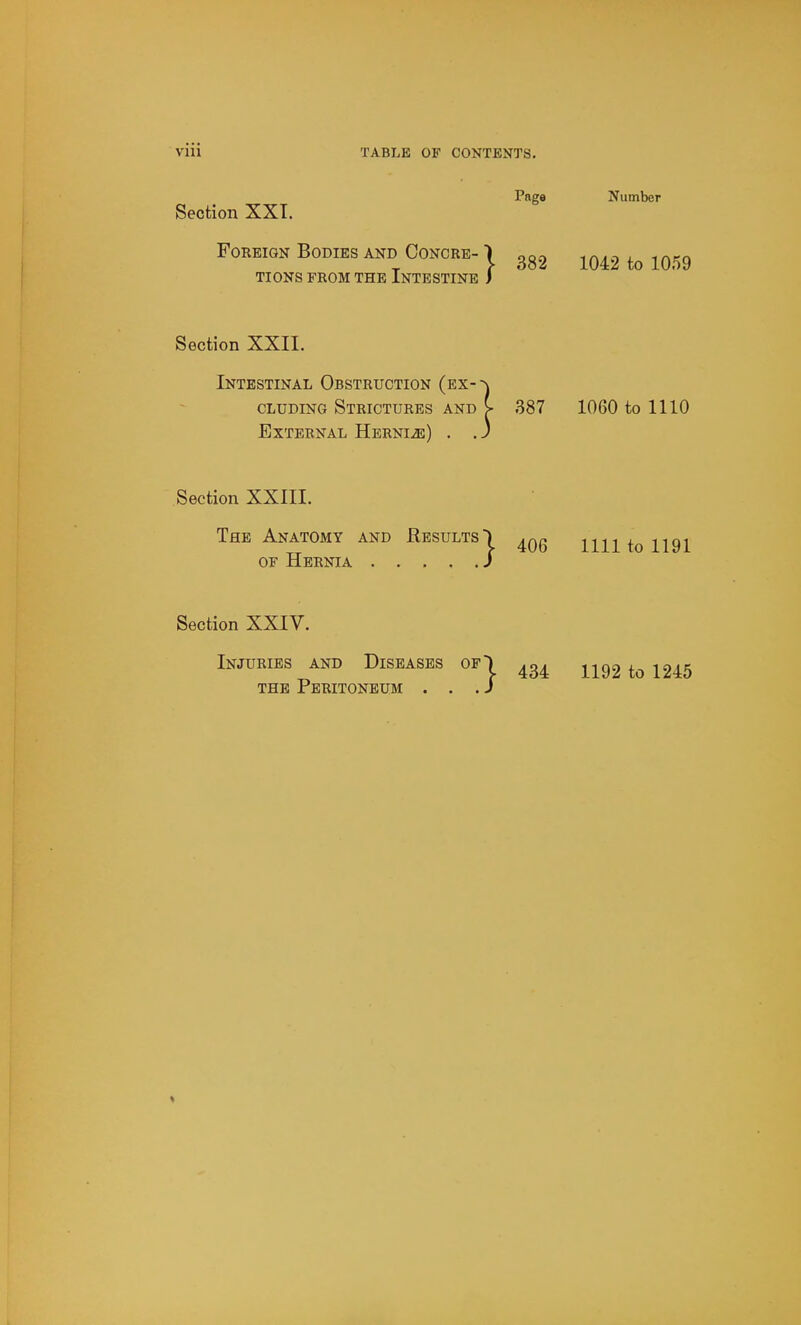 Page Number Section XXI. Foreign Bodies AND CoNCRE-I oo-i ir^A-, l -.n-n T > 382 1042 to lOog TIONS FROM THE INTESTINE J Section XXII. Intestinal Obstruction (ex-^ CLUDING Strictures and > 387 1060 to 1110 External HERNiiE) . .3 Section XXIII. The Anatomy and Results) im to 1191 OF Hernia / Section XXIV. Injuries and Diseases of THE Peritoneum . . . j. 434 1192 to 1245 ♦