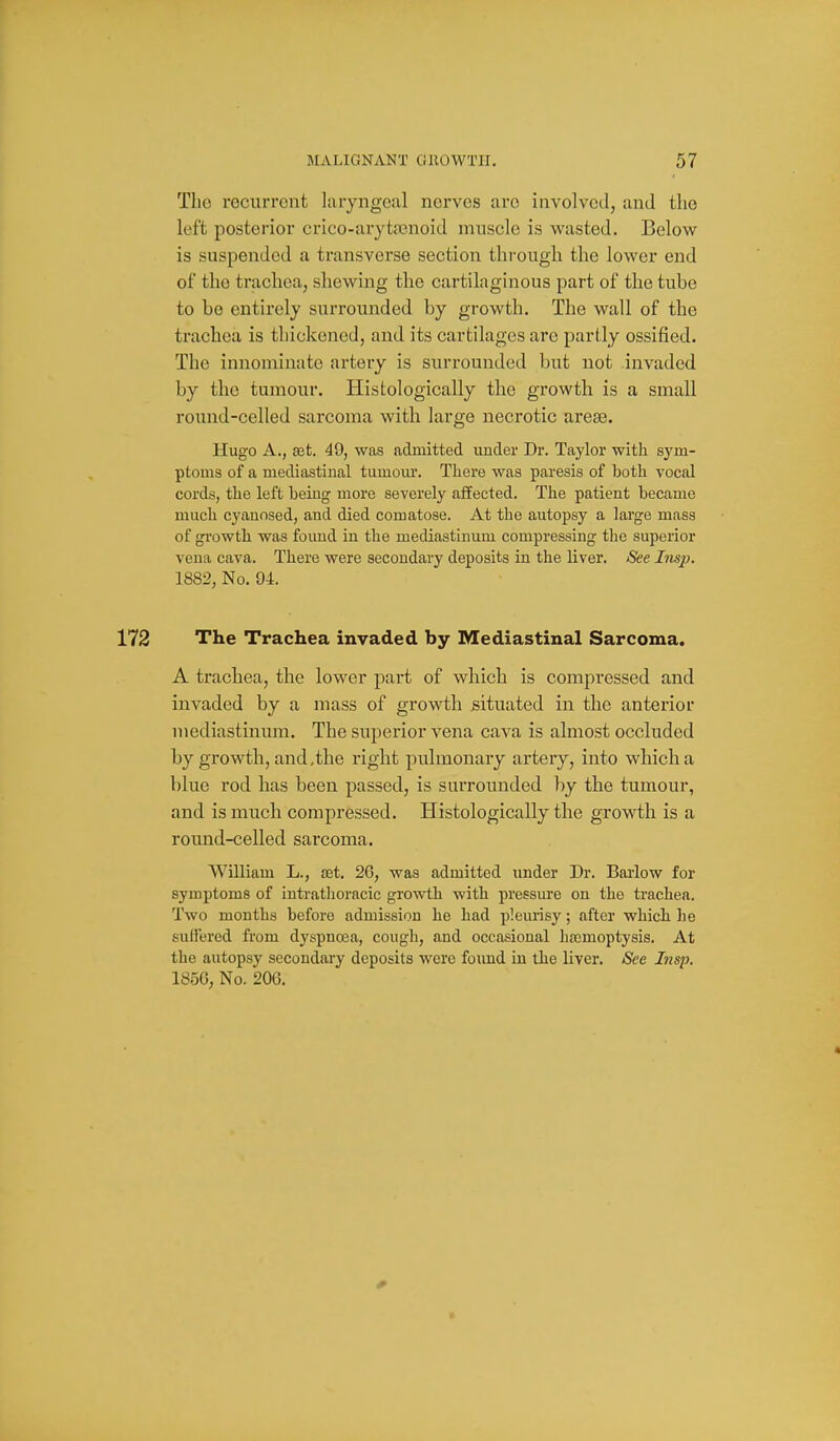 The recurrent laryngeal nerves arc involved, and tlio left posterior crico-aryta3noid mnsclc is wasted. Below^ is suspended a transverse section through the lower end of the trachea, shewing the cartilaginous part of the tube to be entirely surrounded by growth. The wall of the trachea is thickened, and its cartilages are partly ossified. The innominate artery is surrounded but not invaded by the tumour. Histologically the growth is a small round-celled sarcoma with large necrotic arose. Hugo A,, ffit. 49, was admitted under Dr. Taylor with sym- ptoms of a mediastinal tumour. There was paresis of both vocal cords, the left being more severely affected. The patient became much cyanosed, and died comatose. At the autopsy a large mass of growth was found in the mediastinum compressing the superior vena cava. There were secondary deposits in the liver. iSee Insp. 1882, No. 94. The Trachea invaded by Mediastinal Sarcoma. A trachea, the lower part of which is compressed and invaded by a mass of growth situated in the anterior mediastinum. The superior vena cava is almost occluded by growth, and .the right pulmonary artery, into which a blue rod has been passed, is surroimded by the tumour, and is much compressed. Histologically the growth is a round-celled sarcoma. William L., tet. 26, was admitted under Dr. Barlow for symptoms of intratlioracic growth with pressure on the trachea. Two months before admission he had pleurisy; after which he suffered from dyspnoea, cough, and occasional hajmoptysis. At the autopsy secondary deposits were found in the liver. See Insp. 185G, No. 206.