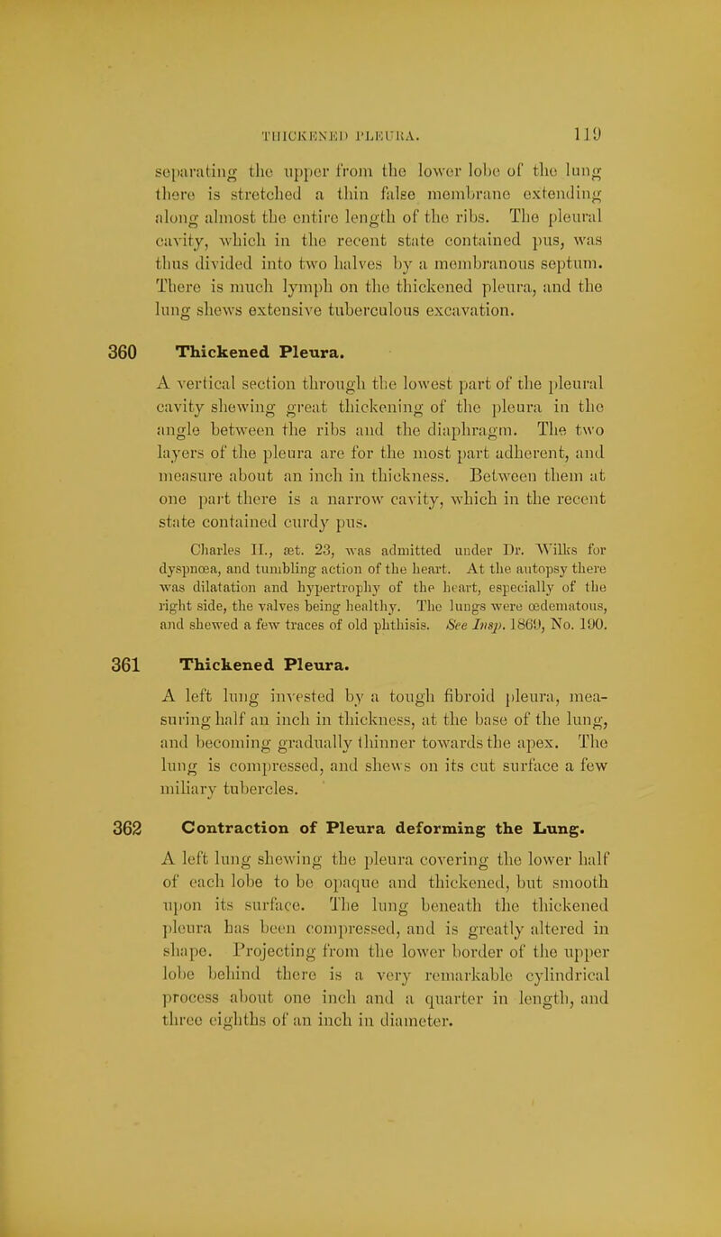 THICK lONKl) I'LiaTKA. 110 separating tlie upper from the lower lobe of the lung there is stretched a thin false membrane extending along almost the entire length of the ribs. The pleural cavity, which in the recent state contained pus, was thus divided into two halves by a membranous septum. There is much lymph on the thickened pleura, and the lung shews extensive tuberculous excavation. 360 Thickened Pleura. A vertical section through the lowest part of the pleural cavity shewing great thickening of the pleura in the angle between the ribs and the diaphragm. The two layers of the pleura are for the most part adherent, and measure about an inch in thickness. Between them at one pai-t there is a narrow cavity, which in the recent state contained cmdy pus. Charles II., £Bt. 23, was admitted under Dr. AVilks for dyspnoea, and tumbling action of the heart. At the autopsy there was dilatation and hypertrophy of the heart, especially of the right side, the valves being healthy. The lungs were oedematous, a)ul shewed a few traces of old phthisis. See Lisj). 186'J, No. I'M. 361 Thickened Pleura. A left lung invested by a tough fibroid pleura, mea- suring half an inch in thickness, at the base of the lung, and becoming gradually thinner towards the apex. The lung is compressed, and shews on its cut surface a few niihary tubercles. 362 Contraction of Pleura deforming the Lung. A left lung shewing the pleura covering the lower half of each lobe to be opaque and thickened, but smooth upon its surface. The lung beneath the thickened pleura has beeii compressed, and is greatly altered in shape. Projecting from the lower border of the upper lobe behind there is a very remarkable cylindrical process about one inch and a quarter in length, and three eighths of an inch in diameter.