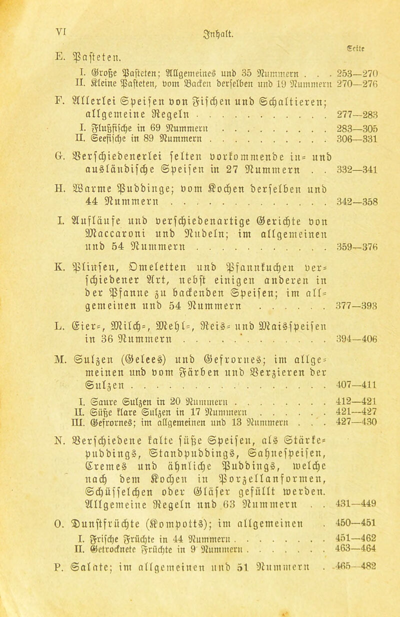 E. hafteten. I. ©rofec hafteten; Slßgemeineä unb 35 Hummern . . . II. Älcine hafteten, Dom Sacfen berfetben unb 19 Stummem F. SWerlei ©peilen öon gifdieu unb ©cpaltieren; allgemeine Siegeln I. 3rhi&fi)d)e jn 39 g?umment II. Secfijcf)c ttt 89 Stummem G-. ißerfdjiebenerlei feiten üorfomntenbe iit= unb au§Iäubifcpe ©peifen in 27 Stummem . . H. SBarnte ißubbinge; tiom ®od)en berfelben unb 44 Stummem I. Slufläufe unb tierfdjiebenartige (55erite non SJtaccaroni unb Stubein; im allgemeinen unb 54 Stummem K. ^Slinfen, Omeletten unb ^fannfudjen uer- fdfiebener SIrt, uebft einigen anberen in ber Pfanne 511 badenben ©peifen; im all* gemeinen unb 54 Stummem L. (Siers, 3JIiId)=, 3)teI)I=, 3iei§* unb üDtaiäfpeifen in 36 Stummem ' M. ©uljen (®elee§) unb ®efrome§; im allge = meinen unb bom färben unb SSerjieren ber ©tilgen I. Saure Sutten in 20 Stummem II. (Süfce tlare Sutten in 17 Stummem III. @efrorne§; im allgemeinen unb 13 Stummem . .' . N. 58erfd)iebene falte fiiffe ©peifen, al» ©teirfe* pubbingS, ©tanbpubbing§, ©afjitefpeifen, (£reme§ unb ät)nIid;c ißubbing», lueldfc uaep beut ®ocpeu in ijSorgellanformen, ©djüffeldfen ober ©läfer gefüllt loerben. 2111 genteine Stegein unb 63 Stummem . . O. 2)unftfrüdfte (Kompotts); im allgemeinen I. 3frifd)e 5rßd;te in 44 Stummem II. ©etroefnete ^riidlte in 9 Stummem P. ©alatc; im allgemeinen unb 51 Stummem . Seite 253—270 270—276 277—283 283—305 306—331 332—341 342—358 359—376 377—393 394—406 407—411 412—421 421—427 427—430 431—449 450— 451 451— 462 463—464 465—482