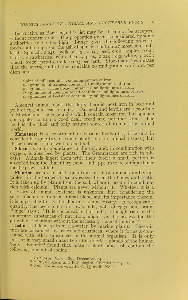 Instructive as Boussingault's list may be, it cannot be accepted without confirmation. The proportion given is considered by some authorities to be too high. Bunge gives the foUowmg order ot foods containing iron, the ash of spinach contammg most, and milk least: Spinach, 0-045 ; yolk of egg, 0-04 ; beef, 0-02 ; apples, 0-02 ; lentils, strawberries, white beans, peas, 0-024 ; egg-white, o-02b , wheat, 0-026; potato, milk, 0-003 per cent. Stockmann estimates that the average adult diet contains 10 milligrammes of iron per diem, and I pint of milk contains 2-2 milligrammes of iron. 100 grammes of oatmeal contain 3-1 milligrammes of iron. 300 grammes of fine bread contain i-8 milligrammes of iron. 280 grammes of common bread contain i-i milligrammes of iron. 120 grammes of beefsteak contain 4-7 milligrammes of iron. Amongst animal foods, therefore, there is most iron in beef and yolk of egg, and least in milk. Oatmeal and lentils are, according to Stockmann, the vegetables which contain most iron, but spinach and apples contain a good deal, bread and potatoes some. The food is the chief and only natural source of iron in the animal world. Manganese is a constituent of various foodstuffs ; it occurs in considerable quantity in some plants and in animal tissues ; but its significance is not well understood. Silicon exists in abundance in the soil, and, in combination with oxygen, is absorbed by plants. The Graminacese are rich in sili- cates. Animals ingest them with their food ; a small portion is absorbed from the alimentary canal, and appears to be of importance for the growth of hair. Fluorine occurs in small quantities in most animals and vege- tables ; in the former it occurs especially in the bones and teeth. It is taken up by plants from the soil, where it occurs in combina- tion with calcium. Plants are never without it. Wliether it is a necessity of animal existence is unknown, but, considermg the small amount of iron in animal blood and its importance therein, it is impossible to say that fluorine is unnecessary. A recognizable quantity has been found in cow's milk, yolk of eggs, and brain. Bunge^ says :  It is conceivable that milk, although rich in the important substances of nutrition, might yet be useless for the growth of the infant without the necessary trace of fluorine. Iodine is taken up from sea-water by marine plants. These in turn are consumed by fishes and Crustacea, where it forms a com- pound with other substances in the animal organism. It is only present in very small quantity in the ductless glands of the human body. Bourcet=* found that mature plants and fish contain the foUowing amount of iodine : ^ Brit. Med. Jour., 1895, December 14. ^ Physiological and Pathological Chemistry, p. 24. Bull. Soc. da Chim. de Paris, (3) xxiii.. No. i.