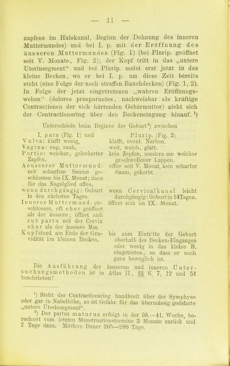 Zapfens im Halskanal, Beg-iun der Delinung des inneren Muttermundes) und bei I. p. mit der Eröffnung des äusseren Muttermundes (Eig. 1) (bei Plurip. geöffnet seit V. Monate, Eig. 2); der Kopf (ritt in das „untere Uterinsegment‘‘ und bei Plurip. meist erst jetzt in das kleine Becken, wo er bei I. p. um diese Zeit bereits steht (eine Eolge der noch straffen Bauclidecken) (Eig. 1, 2); In Folge der jetzt eingetreteuen ,,wahren Eröffnungs- wehen“ (dolores praeparantes, nachweisbar als kräftige Contractionen der sich härtenden Gebärmutter) zieht sich der Contractionsring über den Beckeneingang hinauf. * *) Unterschiede beim Beginne der Geburt*) zwischen I. para (Fig. 1) und Vulva; klafft wenig, Vagina: eng, lauli, Portio: weicher, gelockerter Zapfen. Aeusserer Muttermund: mit scharfem Saume ge- schlossen bis IX. Monat; dann für das Nagelglied offen, wenn durchgängig: Geburt in den nächsten Tagen. I n n e r e r M u 11 e r m u n d: ire- .schlossen, oft eher geöffnet als der äussere; öffnet sich sub partu mit der Cervix eher als der äussere Mm. K opfstand am Ende der Gra- vidität im k.teinen Becken. Die Ausführung der suchungsmetboden ist in beschrieben! Plurip. (Fig. 2) klafft, event. Narben, weit, weicli, glatt, kein Znjifcn, sondern ein weicher geschwollener Lappen, offen seit V. Monat, kein scharfer Saum, gekerbt. wenn Cer vicalkan al leicht durchgängig: Geburt in l4Tagen. öffnet sich im IX. Monat. bis zum Eintritte der Geburt oberhalb des Becken-Einganges oder wenig in das kleine B. eingetroten, so dass er noch ganz beweglich ist. äusseren und inneren Unter- Atlas II, §§ 6, 7, 12 und 51 *) Steht der Contractionsring handbreit über der Symphyse oder gar in Nabelhöhe, so ist Gefahr für das übermä.ssig gedehnte „untere Uterinsegment“. *) Der partus maturus erfolgt in der 38.—41. Woche be- rechnet vom letzten Mensti'uationsterminc 3 Monate zurück und 7 Tage dazu. Mittlere Dauer 26.5—280 Tage.