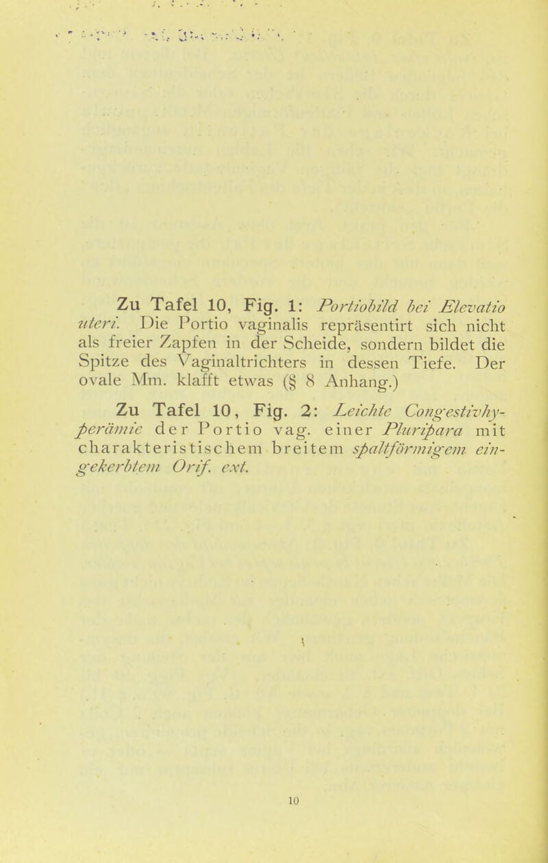 uteri. Die Portio vaginalis repräsentirt sich nicht als freier Zapfen in der Scheide, sondern bildet die Spitze des Vaginaltrichters in dessen Tiefe. Der ovale Mm. klafft etwas (§ 8 Anhang.) Zu Tafel 10, Fig. 2: Leichte Congestivhy- peräviic der Portio vag. einer Pluripara mit charakteristischem breitem spoUförmigem ein- gekerbtem Orif. ext. 10