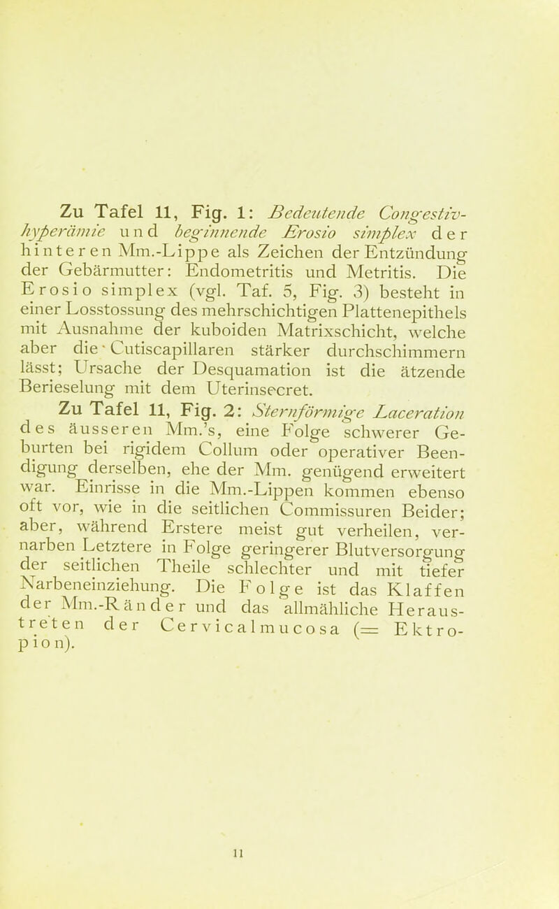 hyperäiuie u n d beginnende Erosto Simplex der Hinte r en Mm.-Lippe als Zeichen der Entzündung der Gebärmutter: Endometritis und Metritis. Die Erosio Simplex (vgl. Taf. 5, Fig. 3) besteht in einer Losstossung des mehrschichtigen Plattenepithels mit Ausnaliiue der kuboiden Matrixschicht, welche aber die • Cutiscapillaren stärker durchschimmern lässt; Ursache der Desquamation ist die ätzende Berieselung mit dem Uterinsecret. Zu Tafel 11, Fig. 2: Sternförmige Laceration des äusseren Mm.'s, eine Folge schwerer Ge- burten bei rigidem Collum oder operativer Been- digung derselben, ehe der Mm. genügend erweitert war. Einrisse in die Mm.-Lippen kommen ebenso oft vor, wie in die seitUchen Commissuren Beider; aber, während Erstere meist gut verheilen, ver- narben Letztere in Folge geringerer Blutversorgung der seitlichen Theile schlechter und mit tiefer Narbeneinziehung. Die Folge ist das Klaffen der Mm.-Rander und das allmähHche Heraus- treten der Cervical mucosa (= Ektro- p io n). 11