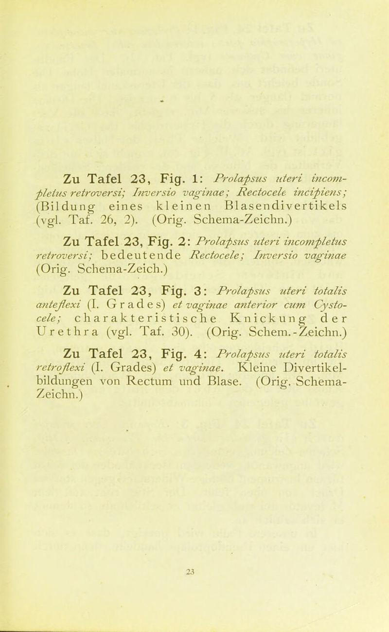 fleius retroversi; Inversio vaginae; Rectocele incifiens; (Bildung eines kleinen Blasendivertikels (vgl. Taf. 26, 2). (Orig. Schema-Zeichn.) Zu Tafel 23, Fig. 2: Prolapsus uteri incompletus retroversi; bedeutende Rectocele; Inversio vaginae (Orig. Schema-Zeich.) Zu Tafel 23, Fig. 3: Prolapsus uteri totalis anteßexi (I. Grades) et vaginae anterior cum Cysto- cele; charakteristische Knickung der Urethra (vgl. Taf. 30). (Orig. Schern.-Zeichn.) Zu Tafel 23, Fig. 4: Prolapsus räeri totalis retroflexi (I. Grades) et vaginae. Kleine Divertikel- bildungen von Rectum und Blase. (Orig. Schema- Zeichn.)