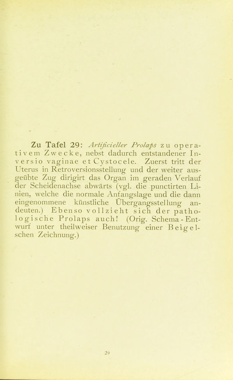 Zu Tafel 29: Artificiellei- Prolaps zu opera- tivem Zwecke, nebst dadurch entstandener In- versio vaginae etCystocele. Zuerst tritt der Uterus in Retroversionsstellung und der weiter aus- geübte Zug dirigirt das Organ im geraden Verlauf der Scheidenachse abwärts (vgl. die punctirten Li- nien, welche die normale Anfangslage und die dann eingenommene künstliche Übergangsstellung an- deuten.) Ebenso vollzieht sich der patho- logische Prolaps auch! (Orig. Schema-Ent- wurf unter theilweiser Benutzung einer Beigei- schen Zeichnung.)