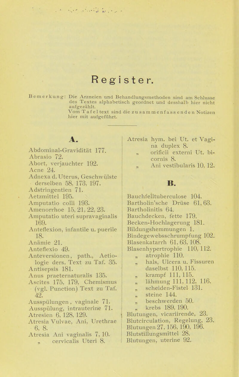 Register. Bemerkung: Die Arzneien und Behandlungsmethoden sind am Schlüsse des Textes alphabetisch geordnet und desshalb hier nicht aufgezählt. Vom Tafe 1 text sind die zusammenfassenden Notizen hier mit aufgeführt. A. Abdominal-Gravidität 177. Abrasio 72. Abort, verjauchter 192. Acne 24. Adnexa d. Uterus, Geschwülste derselben 58. 173, 197. Adstringentien 71. Aetzmittel 195. Amputatio colli 193. Amenorrhoe 15.21,22,23. Amputatio uteri supravaginalis 169. Anteflexion, infantile u. puerile 18. Anämie 21. Anteflexio 49. Anteversionen, path., Aetio- logic ders. Text zu Taf. 35. Antisepsis 181. Anus praeternaturalis 135. Ascites 175, 179, Chemismus (vgl. Function) Text zu Taf. 42. Ausspülungen . vaginale 71. Ausspülung, intrauterine 71. Atresien 6, 128, 129. Atresia Vulvae, Ani. Urethrae 6, 8. Atresia Ani vaginalis 7, 10. - cervicalis Uteri 8. Atresia hym. bei Ut. et Vagi- na duplex 8. „ orificii externi Ut. bi- cornis 8. „ Ani vestibularis 10, 12. B. Bauchfeiltuberculose 104. Bartholin'sche Drüse 61, 63. Bartholinitis 64. Bauchdecken, fette 179. Becken-Hochhigerung 181. Bildungshemmungen 1. Bindegewebsschrumpfung 102. Blasenkatarrh 61, 63, 108. Blasenhypertrophie 110, 112. „ atrophie 110. „ hals, Ulcera u. Fissuren daselbst 110, 115. „ krampf III, 115. „ lähmung III, 112, 116. „ scheiden-Fistel 131. „ steine 144. „ beschwerden 50. „ krebs 189, 190. Blutungen, vicariirende, 23. Blutcirculation, Regelung, 23. Blutungen 27, 156, 190, 196. Blutstillungsmittel 28. Blutungen, uterina 92.