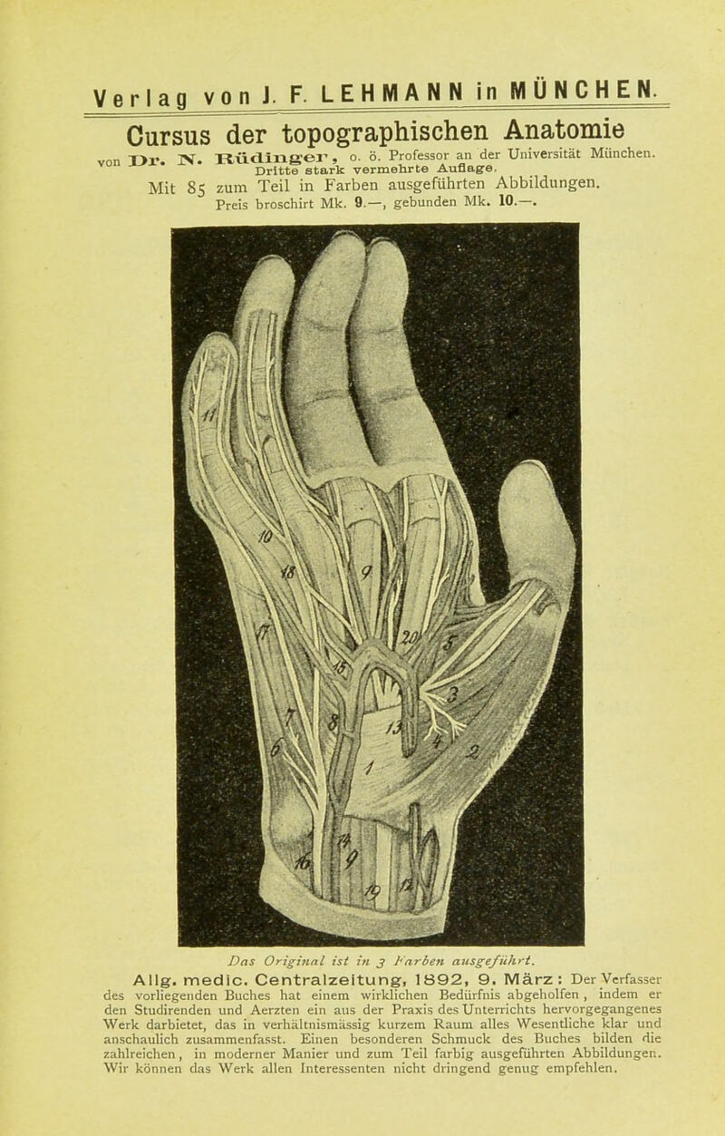 Oursus der topographischen Anatomie von I>r. IV. RiiclillgeJ', o. ö. Professor an der Universität München. Dritte stark vermehrte Auflage. Mit 85 zum Teil in Farben ausgeführten Abbildungen. Preis broschirt Mk. 9.—, gebunden Mk. 10.—. Das Origifial ist in 3 J'nrben ausge/iUiri. Allg. medic. Centralzeltung, 1892, 9. März: Der Verfasser des vorliegenden Buches hat einem wirklichen Bedürfnis abgeholfen , indem er den Studirenden und Aerzten ein aus der Praxis des Unterrichts hervorgegangenes Werk darbietet, das in verhältnismässig kurzem Raum alles Wesentliche klar und anschaulich zusammenfasst. Einen besonderen Schmuck des Buches bilden die zahlreichen, in moderner Manier und zum Teil farbig ausgeführten Abbildungen. Wir können das Werk allen Interessenten nicht dringend genug empfehlen.