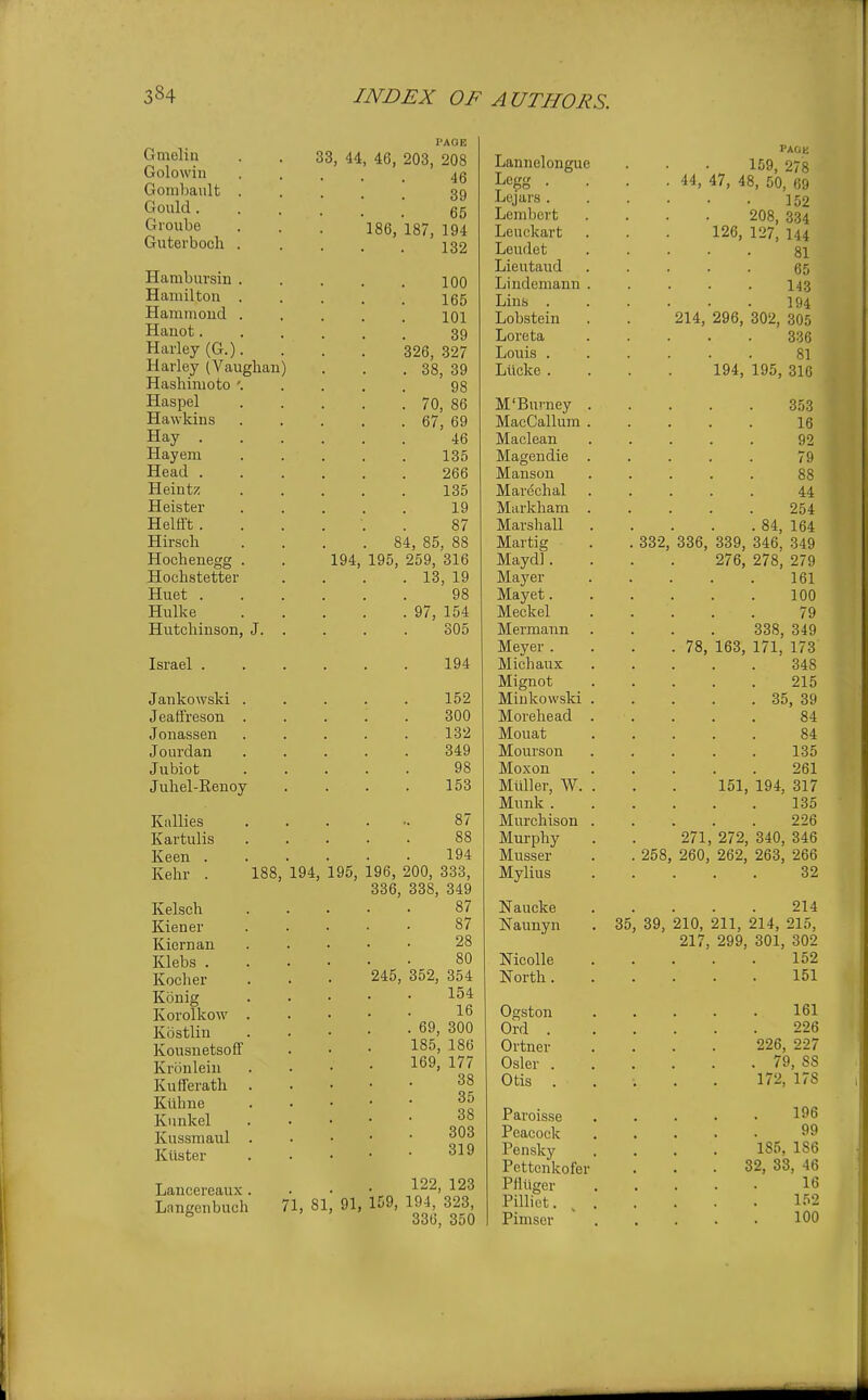 ighan Gmelin Golowin Gonibault Gould. Groube Guterboch Hambursin Hamilton Hamiiioud Hauot. Harley (G.) Harley (Van Hashimoto Haspel Hawkins Hay . Hay em Head . Heintz Heister Heltft . Hirscli Hochenegg Hochstetter Huet . Hulke Hutchinson, J. Israel . Jankowski Jeaffreson Jonassen Joui'dan Jubiot Juhel-Eenoy Rallies Kartulis Keen . Kehi- . 194. 188, 194, 195, Kelsch Kiener Kiernan Klebs . Kocher Konig Korolkow . Kostlin KonsnetsofF Kronlein Kufferath Kllhne Knnkel Kussmaul . Kiister Lancereaux. Langenbuch PAGE 33, 44, 46, 203, 208 46 39 65 86, 187, 194 132 100 165 101 39 326, 327 38, 39 98 70, 86 67, 69 46 135 266 135 19 87 84, 85, 88 195, 259, 316 13, 19 98 97, 154 305 194 152 300 132 349 98 153 87 88 194 196, 200, 333, 336, 338, 349 87 87 28 80 245, 352, 354 154 16 , 69, 300 185, 186 169, 177 38 35 38 303 319 122, 123 71, 81, 91, 159, 323, 336, 350 Lannelongue Legg . Lejars . Lembcrt Leuckart Leudet Lieutaud Lindemann Lins . Lobstein Loreta Louis . Liicke . M'Bnrney MacCallum Maclean Magendie Manson Marechal Markham Marshall Martig Maydl. Mayer Mayet. Meckel Mermann Meyer . Michaux Mignot Minkowski Morehead Mouat M ours on Moxon Mltller, W. Munk . Murchison Murphy Musser Mylius Naucke Naunyn Nicolle North. Ogston Ord . Ortner Osier . Otis . Paroisse Peacock Pensky Pettonkofer PHiiger Pilliet. Pimser PAGK 159, 278 44, 47, 48, 50, 69 152 208, 334 126, 127, 144 81 65 143 194 214, 296, 302, 305 336 81 194, 195, 316 353 16 92 79 88 44 254 84, 164 332, 336, 339, 346, 349 276, 278, 279 161 100 79 338, 349 78, 163, 171, 173 348 215 35, 39 84 84 135 261 151, 194, 317 135 226 271, 272, 340, 346 258, 260, 262, 263, 266 32 214 35, 39, 210, 211, 214, 215, 217, 299, 301, 302 152 151 161 226 226, 227 . 79, 88 172, 178 196 99 185, 186 32, 33, 46 16 152 100