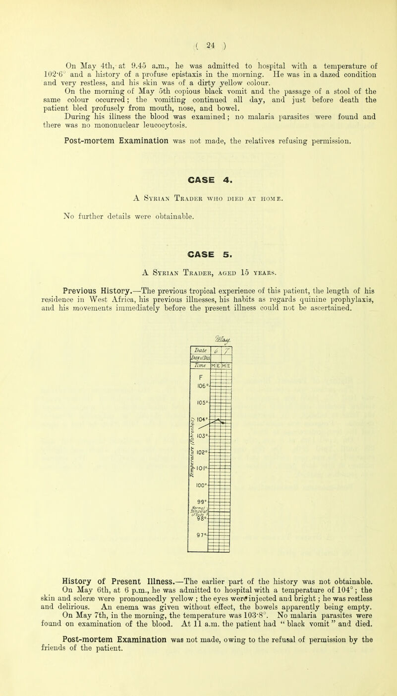 On May 4tli, at 9.45 a.m., he was admitted to hospital with a temperature of 102'6' and a history of a profuse epistaxis in the morning. He was in a dazed condition and very restless, and his skin was of a dirty yellow colour. On the morning of May 5th copious black vomit and the passage of a stool of the same colour occurred; the vomiting continued all day, and just before death the patient bled profusely from mouth, nose, and bowel. During his illness the blood was examined; no malaria parasites were found and there was no mononuclear leucocytosis. Post-mortem Examination was not made, the relatives refusing permission. CASE 4. A Syrian Trader who died at home. No further details were obtainable. CASE 5. A Syrian Trader, aged 15 years. Previous History.—The previous tropical experience of this patient, the length of his residence in West Africa, his previous illnesses, his habits as regards quinine prophylaxis, and his movements immediately before the present illness could not be ascertained. Date 7 Darcfllii Tune IE m;e F 105° 105° 104° % ^ k 103°- 3 102° |ioi°- 15; 100°- 99°- f/ormal ) Temperan 'V -4 — 97°- -1 History of Present Hlliess.—The earlier part of the history was not obtainable. On May 6th, at 6 p.m., he was admitted to hospital with a temperature of 104°; the skin and sclerae were pronouncedly yellow ; the eyes wer^injected and bright; he was restless and delirious. An enema was given without effect, the bowels apparently being empty. On May 7th, in the morning, the temperature was 103'8^. No malaria parasites were found on examination of the blood. At 11 a.m. the patient had  black vomit  and died. Post-mortem Examination was not made, owing to the refusal of permission by the friends of the patient. 1