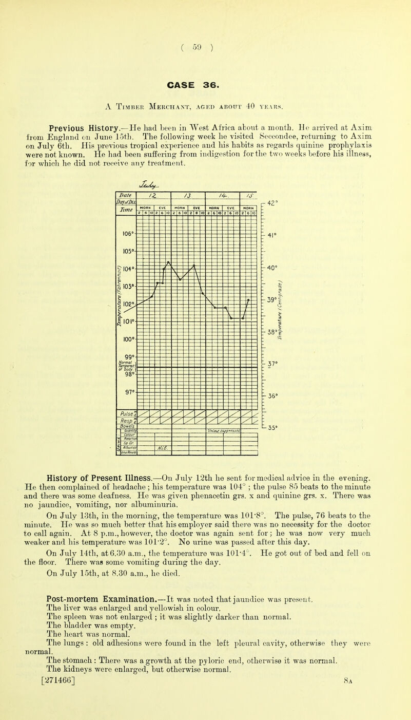 CASE 36. A Timber Merchant, aged about 40 years. Previous History.—He had been in West Africa about a month. He arnved at Asim from England on June 15th. The following week he visited Heccondee, returning to Axim on July 6th. His previous tropical experience and his habits as regards quinine prophylaxis were not known. He had been sufPering from indigestion for the two weeks before his illness, for which he did not receive any treatment. Date /z /J DofofBis. lime MORN CVE MORN Eve MORN EVE MORN 2 6 to 2 6 10 6 10 2 8 10 2 6 10 2 6 10 2 6 106°- 105°- A N04°- 1 ;§ i05«- n t 1 102^; A V y c 101° 100°- 99°- Temperan of body- 1 98°- 97°- PulseH ffespe dowels <w ; 5 Quantity Colour Rmenor SpGr. Albumen QritsrAbnervi r-42' 41° 40° 39 37° - 35° ■35° History of Present Illness.—On July 12th he sent for medical advice in the evening. He then complained of headache; his temperature was 104° ; the pulse 85 beats to the minute and there was some deafness. He was given phenacetin grs. x and quinine grs. x. There was no jaundice, vomiting, nor albuminuria. On July 13th, in the morning, the temperature was 101'8°. The pulse, 76 beats to the minute. He was so much better that his employer said there was no necessity for the doctor to call again. At 8 p.m., however, the doctor was again sent for; he was now very much weaker and his temperature was 1012°. No urine was passed after this day. On July 14th, at 6.30 a.m., the temperature was 1014^. He got out of bed and fell on the floor. There was some vomiting during the day. On July 15th, at 8.30 a.m., he died. Post-mortem Examination.—It was noted that jaundice was present. The liver was enlarged and yellowish in colour. The spleen was not enlarged ; it was slightly darker than normal. The bladder was empty. The heart was normal. The lungs : old adhesions were found in the left pleural cavity, otherwise they were normal. The stomach : There was a growth at the pyloric end, otherwise it was normal. The kidneys were enlarged, but otherwise normal.