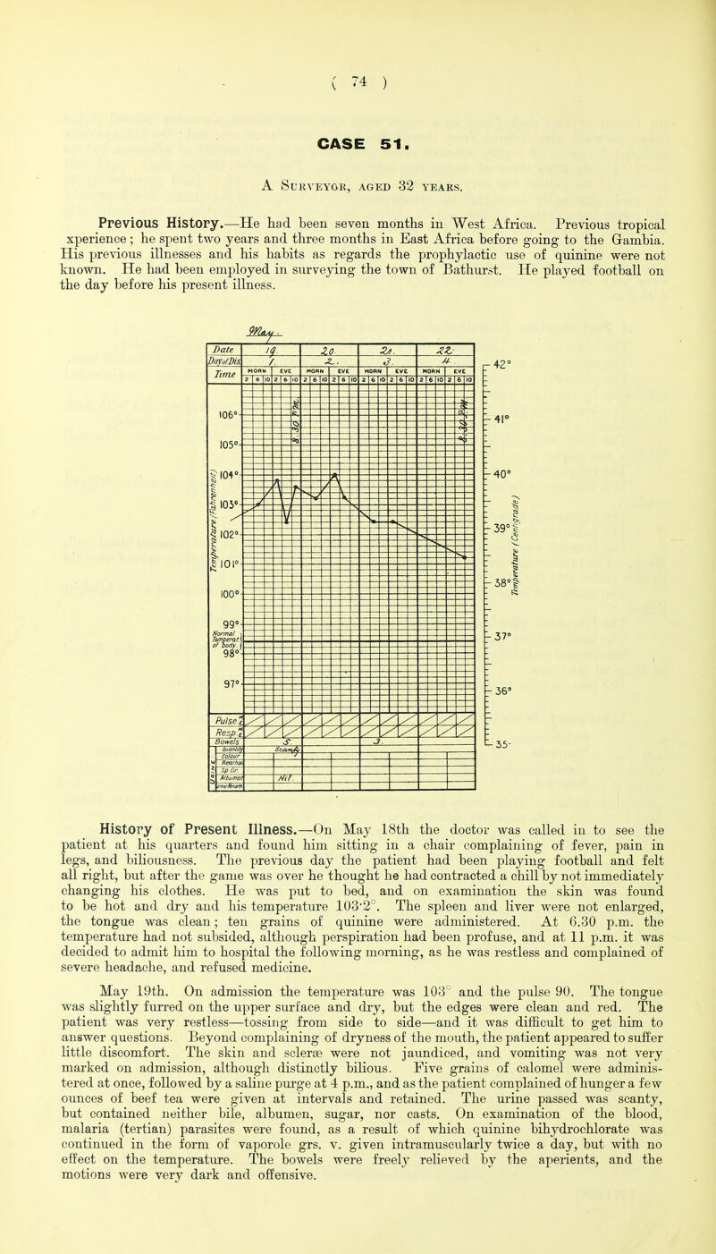 A Sl'kveyok, aged 32 yeaks. Previous History.—He had been seven months in West Africa. Previous tropical xperience ; he spent two years and three months in East Africa before going to the Grambia. His previous illnesses and his habits as regards the prophylactic iise of quinine were not known. He had been employed in surveying the town of Bathurst. He played football on the day before his present illness. Bate —'4^— DayofDis. / J. A- ^ Time MORN EVE MORN EVE MORN eve MORN EVE 2 6 10 2 6 10 2 6 10 2 6 ro 2 6 10 2 6 10 2 6 10 2 6 10 106°- 105- fa, ->c 0 5 j— 5-104°- <^ 1 P S r 1 102°- 1 |l01° 100°- 99°- Normal Temperat. of body. 98°- Pulse Bowels S. .J Quantity Colour w Reacnof H Sp Gr * Albumen MA -41° -37° HistOPy of Present Illness.—On May 18th the doctor was called in to see the patient at his quarters and found him sitting in a chair complaining of fever, pain in legs, and biliousness. The previous day the patient had been playing football and felt all right, but after the game was over he thought he had contracted a chill by not immediately changing his clothes. He was put to bed, and on examination the skin was found to be hot and dry and his temperature 103'2°. The spleen and liver were not enlarged, the tongue was clean; ten grains of quinine were administered. At 6.30 p.m. the temperature had not subsided, although perspiration had been profuse, and at 11 p.m. it was decided to admit him to hospital the following morning, as he was restless and complained of severe headache, and refused medicine. May 19th. On admission the temperature was 103 and the pulse 90. The tongue was slightly furred on the upper surface and dry, but the edges were clean and red. The patient was very restless—tossing from side to side—and it was difficult to get him to answer questions. Beyond complaining of dryness of the mouth, the patient appeared to suffer little discomfort. The skin and sclerse were not jaundiced, and vomiting was not very marked on admission, although distinctly bilious. Five grains of calomel were adminis- tered at once, followed by a saline pm-ge at 4 p.m., and as the patient complained of hunger a few ounces of beef tea were given at intervals and retained. The urine passed was scanty, but contained neither bile, albumen, sugar, nor casts. On examination of the blood, malaria (tertian) parasites were found, as a result of which quinine bihydrochlorate was continued in the form of vaporole grs. v. given intramuscularly twice a day, but with no effect on the temperature. The bowels were freely relieved by the aperients, and the motions were very dark and offensive.