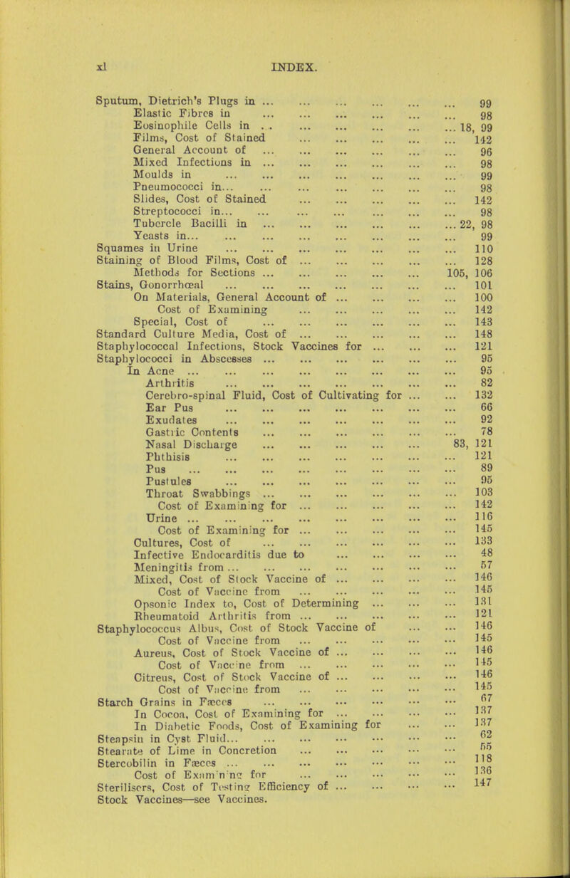 Sputum, Dietrich'8 Plugs in ... Elastic Fibres in Eosinophile Cells in . . ... . Films, Cost of Stained General Account of Mixed Infections in Moulds in Pneumococci in... Slides, Cost of Stained Streptococci in Tubercle Bacilli in Yeasts in... Squames in Urine Staining of Blood Films, Cost of ... Methods for Sections Stains, Gonorrhoeal ... On Materials, General Account of . Cost of Examining Special, Cost of Standard Culture Media, Cost of ... Staph)'lococcal Infections, Stock Vaccines Staphylococci in Abscesses ... In Acne ... ... ... ... . Arthritis Cerehro-spinal Fluid, Cost of Cultivatin Ear Pus Exudates Gastric Contents Nasal Discharge Phthisis Pus Pustules Throat Swabbings of Examining for ... for Cost Urine Cost Cultures, Infective for to of of Examining Cost of Endocarditis due Meningitis from , Mixed, Cost of Stock Vaccine Cost of Vnccinc from Opsonic Index to, Cost of Determining Rheumatoid Arthritis from Staphylococcus Albus, Cost of Stock Vaccine of Cost of Vaccine from Aureus, Cost of Stock Vaccine Cost of Vaccine from Citreus, Cost of Stock Vaccine Cost of Vaccine from Starch Grains in Faeces In Cocoa, Cost of Examining for In Diahetic Foods, Cost of Examining for Steapsin in Cyst Fluid... Stearat of Lime in Concretion Stercobilin in Fasces ... Cost of Exam'nnc for Sterilisers, Cost of Test in? Efficiency of Stock Vaccines—see Vaccines. of of 22 105, for 83, 99 98 18, 99 142 96 98 99 98 142 98 , 98 99 110 128 106 101 100 142 143 148 121 95 95 82 132 66 92 78 121 121 89 95 103 142 116 145 133 48 57 146 145 131 121 146 145 146 145 146 145 67 137 137 62 55 118 136 147