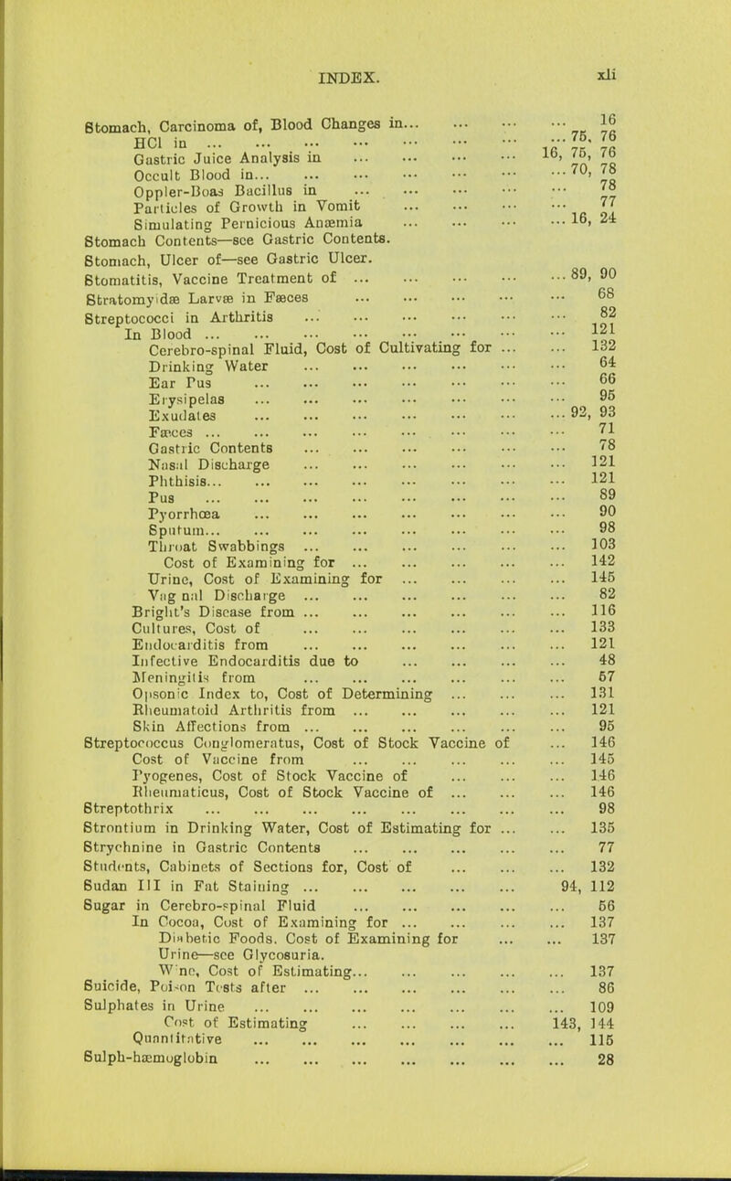 Stomach, Carcinoma of, Blood Changes in... HC1 in Gastric Juice Analysis in Occult Blood in Oppler-Boas Bacillus in Particles of Growth in Vomit Simulating Pernicious Anaemia Stomach Contents—see Gastric Contents. Stomach, Ulcer of—see Gastric Ulcer. Stomatitis, Vaccine Treatment of Stratomyidse Larva? in Faeces Streptococci in Arthritis In Blood Cerebro-spinal Fluid, Cost of Cultivating for Drinking Water Ear Pus Erysipelas Exudates Faeces Gastric Contents Nasal Discharge Phthisis Pus Pyorrhoea Sputum... Throat Swabbings Cost of Examining for ... Urine, Cost of Examining for Vug nal Discharge ... Bright's Disease from ... Cultures, Cost of Endocarditis from Infective Endocarditis due to Meningitis from Opsonic Index to, Cost of Determining Rheumatoid Arthritis from ... Skin Affections from ... Streptococcus Conglomerate, Cost of Stock Vaccine of Cost of Vaccine from Pyogenes, Cost of Stock Vaccine of IUieumaticus, Cost of Stock Vaccine of Streptothrix Strontium in Drinking Water, Cost of Estimating for Strychnine in Gastric Contents Students, Cabinets of Sections for, Cost of Sudan III in Fat Staining Sugar in Cerebro-spinal Fluid In Cocoa, Cost of Examining for ... Dixbetic Foods. Cost of Examining for Urine—see Glycosuria. W ho, Cost of Estimating Suicide, Poi-on Tests after Sulphates in Urine Cost of Estimating Quantitative Sulph-haemoglobin ... 16 ... 75. 76 16, 75, 76 ...70, 78 78 77 ... 16, 24 ... 89, 90 68 82 ... 121 ... 132 64 66 95 ... 92, 93 71 78 ... 121 ... 121 89 90 98 ... 103 ... 142 ... 145 82 ... 116 ... 133 ... 121 48 57 ... 131 ... 121 95 ... 146 ... 145 ... 146 ... 146 98 ... 135 77 ... 132 94, 112 56 ... 137 137 ... 137 86 ... 109 143, 144 ... 115 28