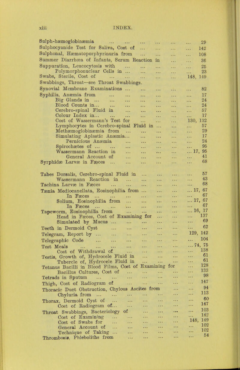 Sulph-haemoglobinaemia 29 Sulphocyanide Test for Saliva, Cost of 142 Sulphonal, Hsematoporphyrinuria from ... 108 Summer Diarrhoea of Infants, Serum Eeaction in 36 Suppuration, Leucocytosis with ... ... ... 26 Polymorphonuclear Cells in ... 23 Swabs, Sterile, Cost of 148, 149 Swabbings, Throat—see Throat Swabbings. Synovial Membrane Examinations 82 Syphilis, Anaemia from ... 17 Big Glands in 24 Blood Counts in 24 Cerebro-spinal Fluid in 57 Colour Index in 17 Cost of Wassermann's Test for 130, 132 Lymphocytes in Cerebro-spinal Fluid in 57 Methaemoglobinaemia from ... 29 Simulating Aplastic Anaemia... ... ... 17 Pernicious Anaemia ... 24 Spirochaetes of ... ... ... 95 Wassermann Keaction in ... 17, 95 General Account of ... ... ... 41 Syrphidae Larvae in Fseces 68 Tabes Dorsalis, Cerebro-spinal Fluid in Wassermann Reaction in Tachina Larvae in Faeces Taenia Mediocanellata, Eosinophilia from In Faeces Solium, Eosinophilia from In Faeces Tapeworm, Eosinophilia from Head in Faeces, Cost of Examining for Simulated by Mucus Teeth in Dermoid Cyst Telegram, Report by Telegraphic Code Test Meals Cost of Withdrawal of TestiB, Growth of, Hydrocele Fluid in Tubercle of, Hydrocele Fluid in Tetanus Bacilli in Blood Films, Cost of Examining for Bacillus Cultures, Cost of Tetrads in Sputum Thigh, Cost of Radiogram of Thoracic Duct Obstruction, Chylous Ascites from Chyluria from Thorax, Dermoid Cyst of Cost of Radiogram of Throat Swabbings, Bacteriology of Cost of Examining Cost of Swabs for General Account of Technique of Taking Thrombosis. Phleboliths from 57 43 68 ... 17, 67 67 ... 17, 67 67 ... 16, 17 ... 137 69 62 129, 142 ... 104 ... 74, 75 ... 138 61 61 ... 128 ... 133 98 ... 147 94 ... 113 60 ... 147 ... 103 ... 142 148, 149 ... 102 102 54