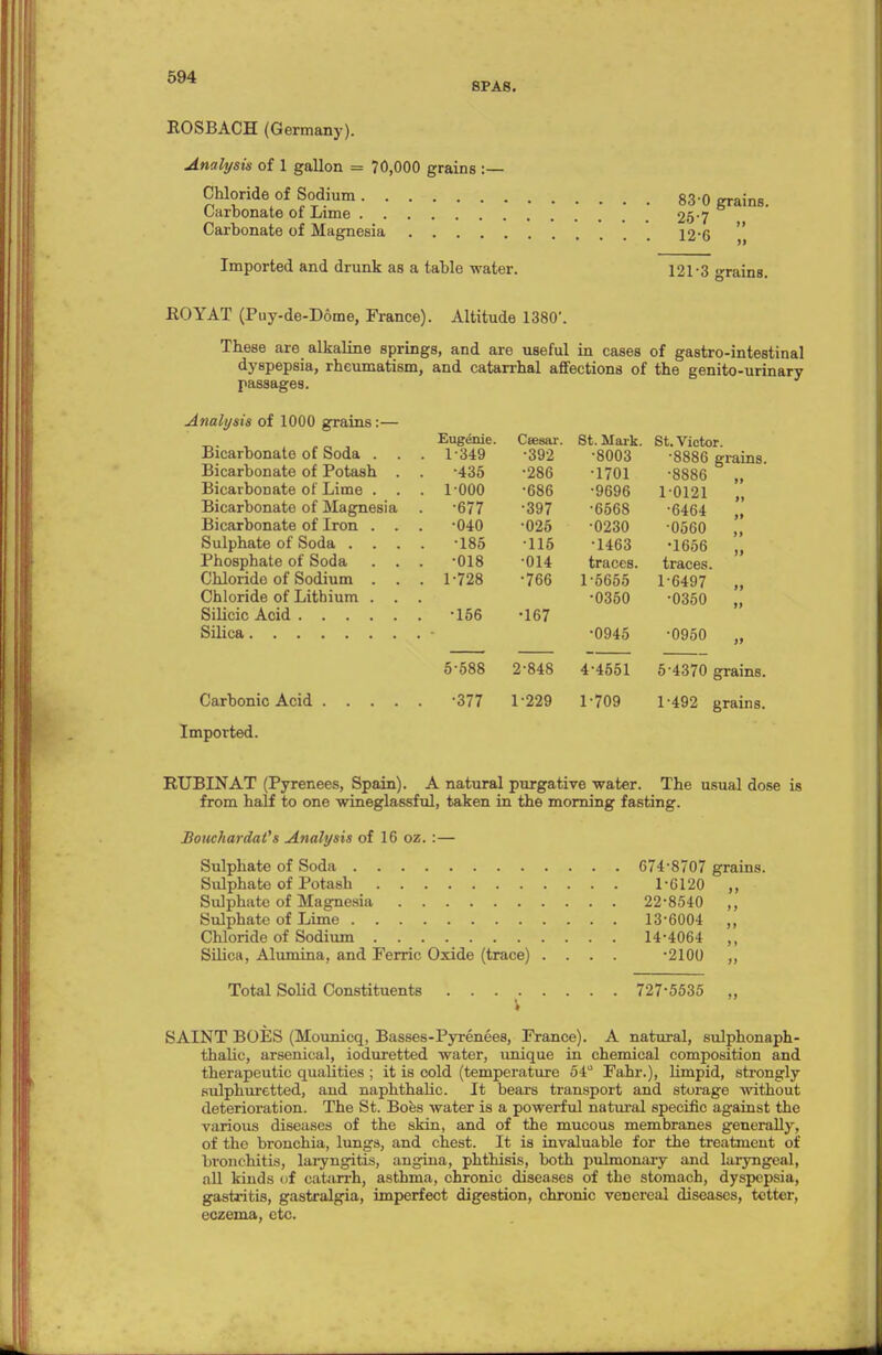 8PA8. EOSBACH (Germany). Analysis of 1 gallon - 70,000 grains :— Chloride of Sodium 83.0 Carbonate of Lime 25-7 Carbonate of Magnesia 12-6  121-3 grains. Imported and drunk as a table water. ROYAT (Puy-de-D6me, France). Altitude 1380*. These are alkaline springs, and are useful in cases of gastro-intestinal dyspepsia, rheumatism, and catarrhal affections of the genito-urinary passages. Analysis of 1000 grains:- Bicarbonate of Soda . Bicarbonate of Potash Bicarbonate of Lime . Bicarbonate of Magnesia Bicarbonate of Iron . Sulphate of Soda . . Phosphate of Soda Chloride of Sodium . Chloride of Litbium . Silicic Acid .... Silica Eugenie. 1-349 •435 1-000 ■677 •040 ■185 •018 1-728 •156 Gfesar. •392 •286 •686 ■397 ■025 •115 •014 •766 •167 St. Mark. •8003 •1701 •9696 •6568 •0230 1463 traces. 1-5655 •0350 •0945 St. Victor. •8886 grains. •8886 „ 1-0121 „ •6464 „ •0560 „ •1656 „ traces. 1-6497 „ •0350 „ •0950 Carbonic Acid Imported. 5-588 2-848 4-4551 5 4370 grains. •377 1 229 1-709 1-492 grains. RUBIN AT (Pyrenees, Spain). A natural purgative water. The usual dose is from half to one wineglassful, taken in the morning fasting. Bouchardat's Analysis of 16 oz. :— Sulphate of Soda 674-8707 grains. Sulphato of Potash 1-G120 ,, Sulphate of Magnesia 22*8540 ,, Sulphate of Lime 13-6004 ,, Chloride of Sodium 14-4064 ,, Silica, Alumina, and Ferric Oxide (trace) .... -2100 ,, Total Solid Constituents 727-5535 V SAINT BOES (Mounicq, Basses-Pyrenees, Prance). A natural, sulphonaph- thalic, arsenical, ioduretted water, unique in chemical composition and therapeutic qualities ; it is cold (temperature 54° Fahr.), limpid, strongly sulphuretted, and naphthalic. It bears transport and storage without deterioration. The St. Boes water is a powerful natural specific against the various diseases of the skin, and of the mucous membranes generally, of the bronchia, lungs, and chest. It is invaluable for the treatment of bronchitis, laryngitis, angina, phthisis, both pulmonary and laryngeal, all kinds of catarrh, asthma, chronic diseases of the stomach, dyspepsia, gastritis, gastralgia, imperfect digestion, chronic venereal diseases, tetter, eczema, etc.