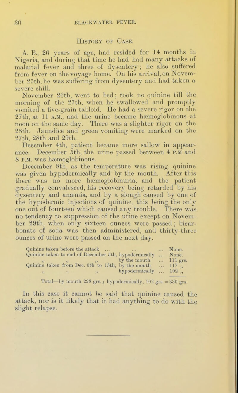 History of Case. A. B., 2G years of age, had resided for 14 months in Nigeria, and during that time he had had many attacks of malarial fever and three of dysentery ; he also suffered from fever on the voyage home. On his arrival, on Novem- ber 25th, he was sutl'ering from dysentery and had taken a severe chill. November 26th, went to bed; took no quinine till the morning of the 27th, when he swallowed and promptly vomited a five-grain tabloid. He had a severe rigor on the 27th, at 11 a.m., and the urine became hjx3moglobinous at noon on the same day. There was a slighter rigor on the 28th. Jaundice and green vomiting were marked on the 27th, 28th and 29th. December 4th, patient became more sallow in appear- ance. December 5th, the urine passed between 4 P.M and 8 P.M. was hsemoglobinous. December 8th, as the temperature was rising, quinine was given hypodermically and by the mouth. After this there was no more hajmoglobinuria, and the patient gradually convalesced, his recovery being retarded by his dysentery and anaemia, and by a slough caused by one of the hypodermic injections of quinine, this being the only one out of fourteen wdiich caused any trouble. There was no tendency to suppression of the urine except on Novem- ber 29th, when only sixteen ounces were passed ; bicar- bonate of soda was then administered, and thirty-three ounces of urine were passed on the next day. Quinine taken before the attack ... ... ... None. Quinine taken to end of December 5th, hypodermically ... None. ,, ,, by the mouth ... Ill grs. Quinine taken from Dec. Gth to 15th, by the mouth ... 117 „ ,, ., hypodermically ... 102 „ Total—by mouth 228 gr.s.; liypodermically, 102 grs. =^330 gra. In this case it cannot be said that quinine caused the attack, nor is it likely that it had anything to do with the slight relapse.