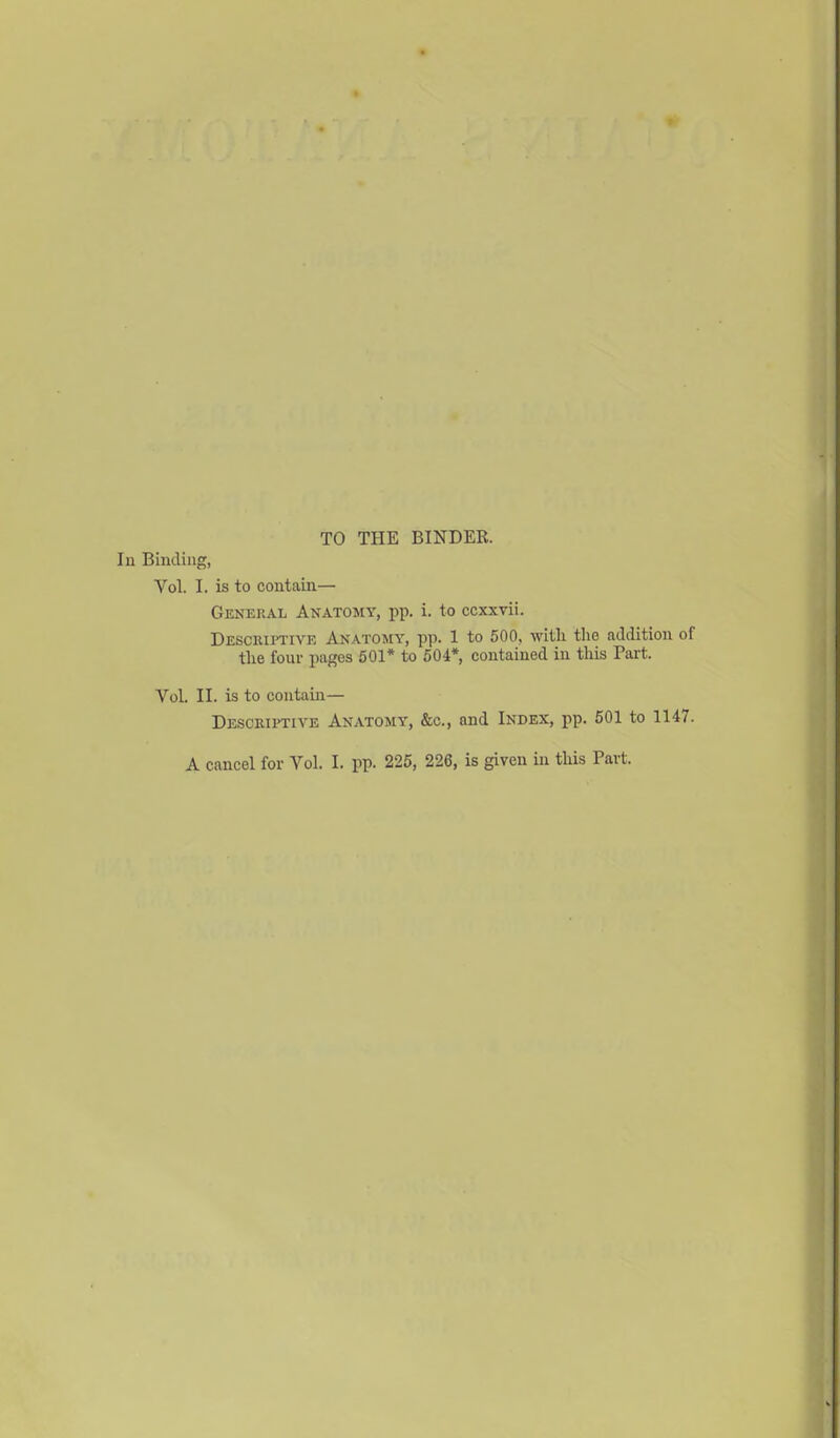 TO THE BINDER. In Binding, Vol. I. is to contain— General Anatomy, pp. i. to ccxxvii. Descriptive Anatomy, pp. 1 to 500, with the addition of the four pages 501* to 504*, contained in this Part. Vol. II. is to contain— Descriptive Anatomy, &c, and Index, pp. 501 to 1147. A cancel for Vol. I. pp. 225, 226, is given in this Part.