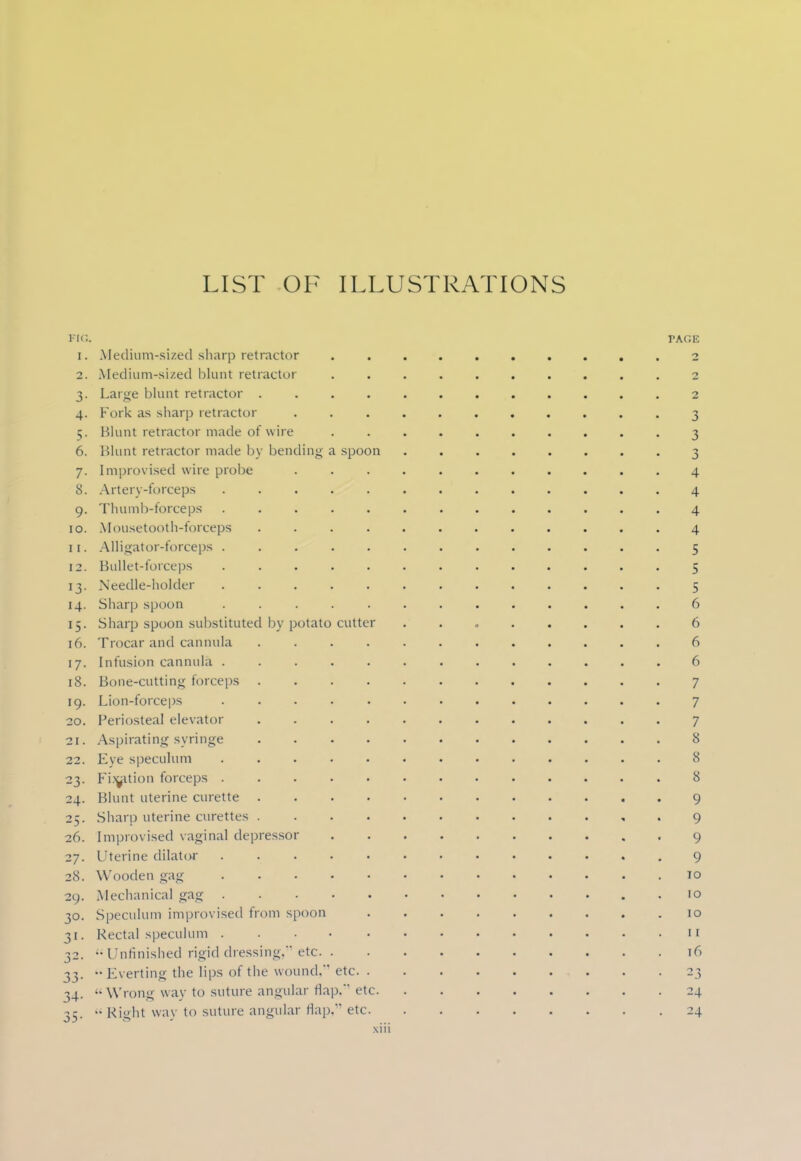 LIST OF ILLUSTRATIONS FIG. 1. Medium-sized sharp retractor 2. Medium-sized blunt retractor 3. Large blunt retractor .... 4. Fork as sharp retractor 5. Blunt retractor made of wire 6. Blunt retractor made by bending a spoon 7. Improvised wire probe 8. Artery-forceps 9. Thumb-forceps ..... 10. Mousetooth-forceps .... 11. Alligator-forceps ..... 12. Bullet-forceps ..... 13. Needle-holder ..... 14. Sharp spoon ..... 15. Sharp spoon substituted by potato cutter 16. Trocar and cannula .... 17. Infusion cannula ..... 18. Bone-cutting forceps .... 19. Lion-forceps 20. Periosteal elevator .... 21. Aspirating syringe .... 22. Eye speculum ..... 23. Fixation forceps ..... 24. Blunt uterine curette .... 25. Sharp uterine curettes .... 26. Improvised vaginal depressor 27. Uterine dilator ..... 28. Wooden gag 29. Mechanical gag ..... 30. Speculum improvised from spoon 31. Rectal speculum ..... 32. •• Unfinished rigid dressing. etc. . 33. Everting the lips of the wound.' etc. . 34. -Wrong way to suture angular flap,'1 etc. 35. « Right way to suture angular flap, etc.