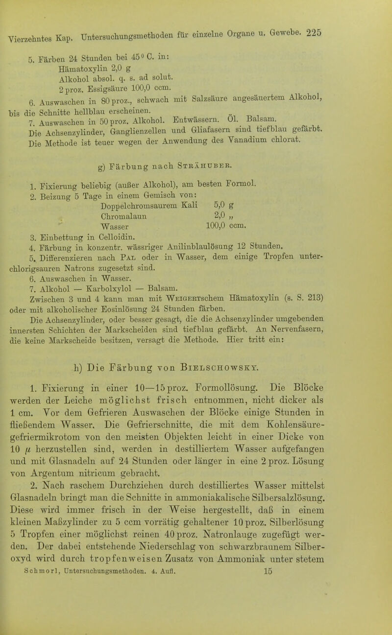 5. Färben 24 Stunden bei 45° C. in: Häuiatoxylin 2,0 g Alkohol absol. q. s. ad solut. 2proz. Essigsäure 100,0 ccin. 6. Auswaschen in SOproz., schwach mit Salzsäure angesäuertem Alkohol, bis die Schnitte hellblau erscheinen. 7 Auswaschen in 50 proz. Alkohol. Entwässern. Ol. Balsam. Die Achsenzylinder, Ganglienzellen und Gliafasern sind tiefblau gefärbt. Die Methode ist teuer wegen der Anwendung des Vanadium chlorat. g) Färbung nach Strähüber. 1. Fixierung beliebig (außer Alkohol), am besten Formol. 2. Beizung 5 Tage in einem Gemisch von: Doppelchromsaurem Kali 5,0 g Chromalaun 2,0 „ Wasser 100,0 ccm. 3. Einbettung in Celloidin. 4. Färbung in konzentr. wässriger Anilinblaulösung 12 Stunden. 5. Differenzieren nach Pal oder in Wasser, dem einige Tropfen unter- chlorigsauren Natrons zugesetzt sind. 6. Auswaschen in Wasser. 7. Alkohol — Karbolxylol — Balsam. Zwischen 3 und 4 kann man mit WEiGERTschem Hämatoxylin (s. S. 213) oder mit alkoholischer Eosinlösung 24 Stunden färben. Die Achsenzylinder, oder besser gesagt, die die Achsenzylinder umgebenden innersten Schichten der Markscheiden sind tiefblau gefärbt. An Nervenfasern, die keine Markscheide besitzen, versagt die Methode. Hier tritt ein: h) Die Färbung von Bielschowsky. 1. Fixierung in einer 10—15 proz. Formollösung. Die Blöcke werden der Leiche möglichst frisch entnommen, nicht dicker als 1 cm. Vor dem Gefrieren Auswaschen der Blöcke einige Stunden in fließendem Wasser. Die Gefrierschnitte, die mit dem Kohlensäure- gefriermikrotom von den meisten Objekten leicht in einer Dicke von 10 (i herzustellen sind, werden in destilliertem Wasser aufgefangen und mit Glasnadeln auf 24 Stunden oder länger in eine 2 proz. Lösung von Argentum nitricum gebracht. 2. Nach raschem Durchziehen durch destilliertes Wasser mittelst Glasnadeln bringt man die Schnitte in ammoniakalische Silbersalzlösung. Diese wird immer frisch in der Weise hergestellt, daß in einem kleinen Maßzylinder zu 5 ccm vorrätig gehaltener 10 proz. Silberlösung 5 Tropfen einer möglichst reinen 40 proz. Natronlauge zugefügt wer- den. Der dabei entstehende Niederschlag von schwarzbraunem Silber- oxyd wird durch tropfenweisen Zusatz von Ammoniak unter stetem