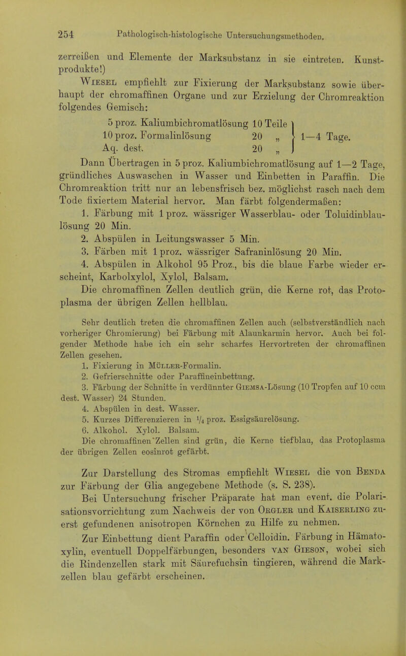 zerreißen und Elemente der Marksubstanz in sie eintreten. Kunst- produkte!) Wiesel empfiehlt zur Fixierung der Marksubstanz sowie über- haupt der chromaffinen Organe und zur Erzielung der Chromreaktion folgendes Gemisch: 5proz. Kaliumbichromatlösung 10 Teile lOproz. Formalinlösung 20 „ > 1—4 Tage. Aq. dest. 20 „ Dann Übertragen in 5 proz. Kaliumbichromatlösung auf 1—2 Tage, gründliches Auswaschen in Wasser und Einbetten in Paraffin. Die Chromreaktion tritt nur an lebensfrisch bez. möglichst rasch nach dem Tode fixiertem Material hervor. Man färbt folgendermaßen: 1. Färbung mit 1 proz. wässriger Wasserblau- oder Toluidinblau- lösung 20 Min. 2. Abspülen in Leitungswasser 5 Min. 3. Färben mit 1 proz. wässriger Safraninlösung 20 Min. 4. Abspülen in Alkohol 95 Proz., bis die blaue Farbe wieder er- scheint, Karbolxylol, Xylol, Balsam. Die chromaffinen Zellen deutlich grün, die Kerne rot, das Proto- plasma der übrigen Zellen hellblau. Sehr deutlich treten die chromaffinen Zellen auch (selbstverständlich nach vorheriger Chroniierung) bei Färbung mit Alaunkarmin hervor. Auch bei fol- gender Methode habe ich ein sehr scharfes Hervortreten der chromaffineu Zellen gesehen. 1. Fixierung in MÜLLER-Forinalin. 2. Gefrierschnitte oder Paraffineinbettung. 3. Färbung der Schnitte in verdünnter GiEMSA-Lösung (10 Tropfen auf 10 ccm dest. Wasser) 24 Stunden. 4. Abspülen in dest. Wasser. 5. Kurzes Differenzieren in Proz- Essigsäurelösung. 6. Alkohol. Xylol. Balsam. Die chromaffinen'Zellen sind grün, die Kerne tiefblau, das Protoplasma der übrigen Zellen eosinrot gefärbt. Zur Darstellung des Stromas empfiehlt Wiesel die von Benda zur Färbung der Glia angegebene Methode (s. S. 238). Bei Untersuchung frischer Präparate hat man event. die Polari- sationsvorrichtung zum Nachweis der von Ojjgler und Kaisekling zu- erst gefundenen anisotropen Körnchen zu Hilfe zu nehmen. Zur Einbettung dient Paraffin oder^Celloidin. Färbung in Hämato- xylin, eventuell Doppelfärbungen, besonders VAN Gieson, wobei sich die Rindenzellen stark mit Säurefuchsin tingieren, während die Mark- zellen blau gefärbt erscheinen.