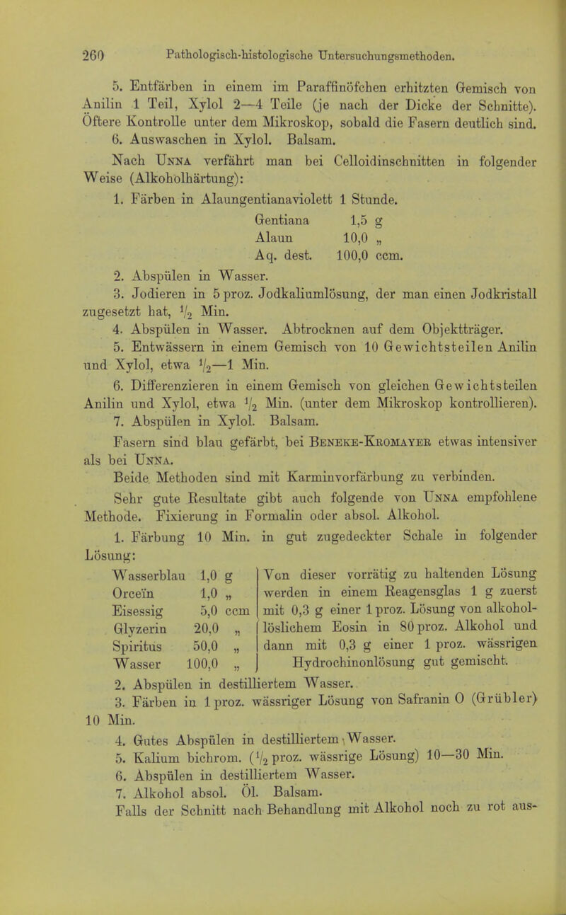 5. Entfärben in einem im Paraffinöfchen erhitzten Gemisch von Anilin 1 Teil, Xylol 2—4 Teile (je nach der Dicke der Schnitte). Öftere Kontrolle unter dem Mikroskop, sobald die Fasern deutlich sind. 6. Auswaschen in Xylol. Balsam. Nach Unna verfährt man bei Celloidinschnitten in folgender Weise (Alkoholhärtung): 1. Färben in Alaungentianaviolett 1 Stunde. Gentiana 1,5 g Alaun 10,0 „ Aq. dest. 100,0 ccm. 2. Abspülen in Wasser. 3. Jodieren in 5proz. Jodkaliumlösung, der man einen Jodkristall zugesetzt hat, lj2 Min. 4. Abspülen in Wasser. Abtrocknen auf dem Objektträger. 5. Entwässern in einem Gemisch von 10 Gewichtsteilen Anilin und Xylol, etwa V2—1 Min. 6. Differenzieren in einem Gemisch von gleichen Gewichtsteilen Anilin und Xylol, etwa 1j2 Min. (unter dem Mikroskop kontrollieren). 7. Abspülen in Xylol. Balsam. Fasern sind blau gefärbt, bei Beneke-Kromayer etwas intensiver als bei Unna. Beide Methoden sind mit Karminvorfärbung zu verbinden. Sehr gute Resultate gibt auch folgende von Unna empfohlene Methode. Fixierung in Formalin oder absol. Alkohol. 1. Färbung 10 Min. in gut zugedeckter Schale in folgender Losung: Wasserblau 1,0 g Von dieser vorrätig zu haltenden Lösung Orce'in 1,0 „ werden in einem Reagensglas 1 g zuerst Eisessig 5,0 ccm mit 0,3 g einer 1 proz. Lösung von alkohol- Glyzerin 20,0 „ (löslichem Eosin in 80proz. Alkohol und dann mit 0,3 g einer 1 proz. wässrigen Hydrochinonlösung gut gemischt, 2. Abspülen in destilliertem Wasser. 3. Färben in 1 proz. wässriger Lösung von Safranin 0 (Grübler) 10 Min. 4. Gutes Abspülen in destilliertem- Wasser. 5. Kalium bichrom. (V2Proz- wässrige Lösung) 10—30 Min. 6. Abspülen in destilliertem Wasser. 7. Alkohol absol. Öl. Balsam. Falls der Schnitt nach Behandlung mit Alkohol noch zu rot aus- Spiritus 50,0 Wasser 100,0