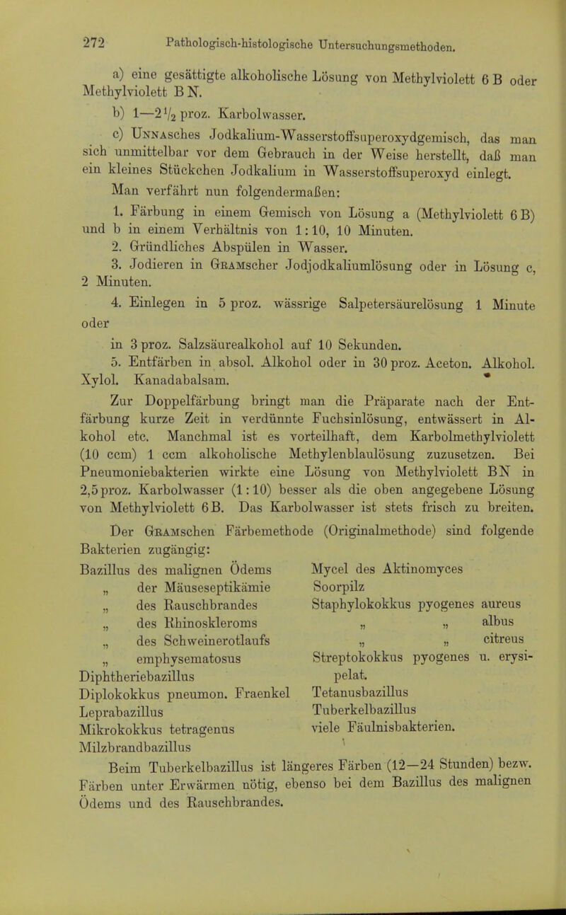 a) eine gesättigte alkoholische Lösung von Methylviolett 6 B oder Methylviolett BN. b) 1—2V2proz. Karbolwasser. c) ÜNNASches Jodkalium-Wasserstoffsuperoxydgemisch, das man sich unmittelbar vor dem Gebrauch in der Weise herstellt, daß man ein kleines Stückchen Jodkalium in Wasserstoffsuperoxyd einlegt. Man verfährt nun folgendermaßen: 1. Färbung in einem Gemisch von Lösung a (Methylviolett 6B) und b in einem Verhältnis von 1:10, 10 Minuten. 2. Gründliches Abspülen in Wasser. 3. Jodieren in GRAMscher Jodjodkaliumlösung oder in Lösung c, 2 Minuten. 4. Einlegen in 5 proz. wässrige Salpetersäurelösung 1 Minute oder in 3 proz. Salzsäurealkohol auf 10 Sekunden. 5. Entfärben in absol. Alkohol oder in 30 proz. Aceton. Alkohol. Xylol. Kanadabalsam. Zur Doppelfärbung bringt man die Präparate nach der Ent- färbung kurze Zeit in verdünnte Fuchsinlösung, entwässert in Al- kohol etc. Manchmal ist es vorteilhaft, dem Karbolmethylviolett (10 ccm) 1 ccm alkoholische Methylenblaulösung zuzusetzen. Bei Pneumoniebakterien wirkte eine Lösung von Methylviolett BN in 2,5proz. Karbolwasser (1:10) besser als die oben angegebene Lösung von Methylviolett 6B. Das Karbolwasser ist stets frisch zu breitem Der GnAMschen Färbemethode (Originalmethode) sind folgende Bakterien zugängig: Bazillus des malignen Ödems Mycel des Aktinomyces „ der Mäuseseptikämie Soorpilz „ des Rauschbrandes Staphylokokkus pyogenes aureus „ des Khinoskleroms „ „ albus „ des Schweinerotlaufs „ „ citreus „ emphysematosus Streptokokkus pyogenes u. erysi- Diphtheriebazillus pelat. Diplokokkus pneumon. Fraenkel Tetanusbazillus Leprabazillus Tuberkelbazillus Mikrokokkus tetragenus viele Fäulnisbakterien. Milzbrandbazillus Beim Tuberkelbazillus ist längeres Färben (12-24 Stunden) bezw. Färben unter Erwärmen nötig, ebenso bei dem Bazillus des malignen Ödems und des Rausehbrandes.