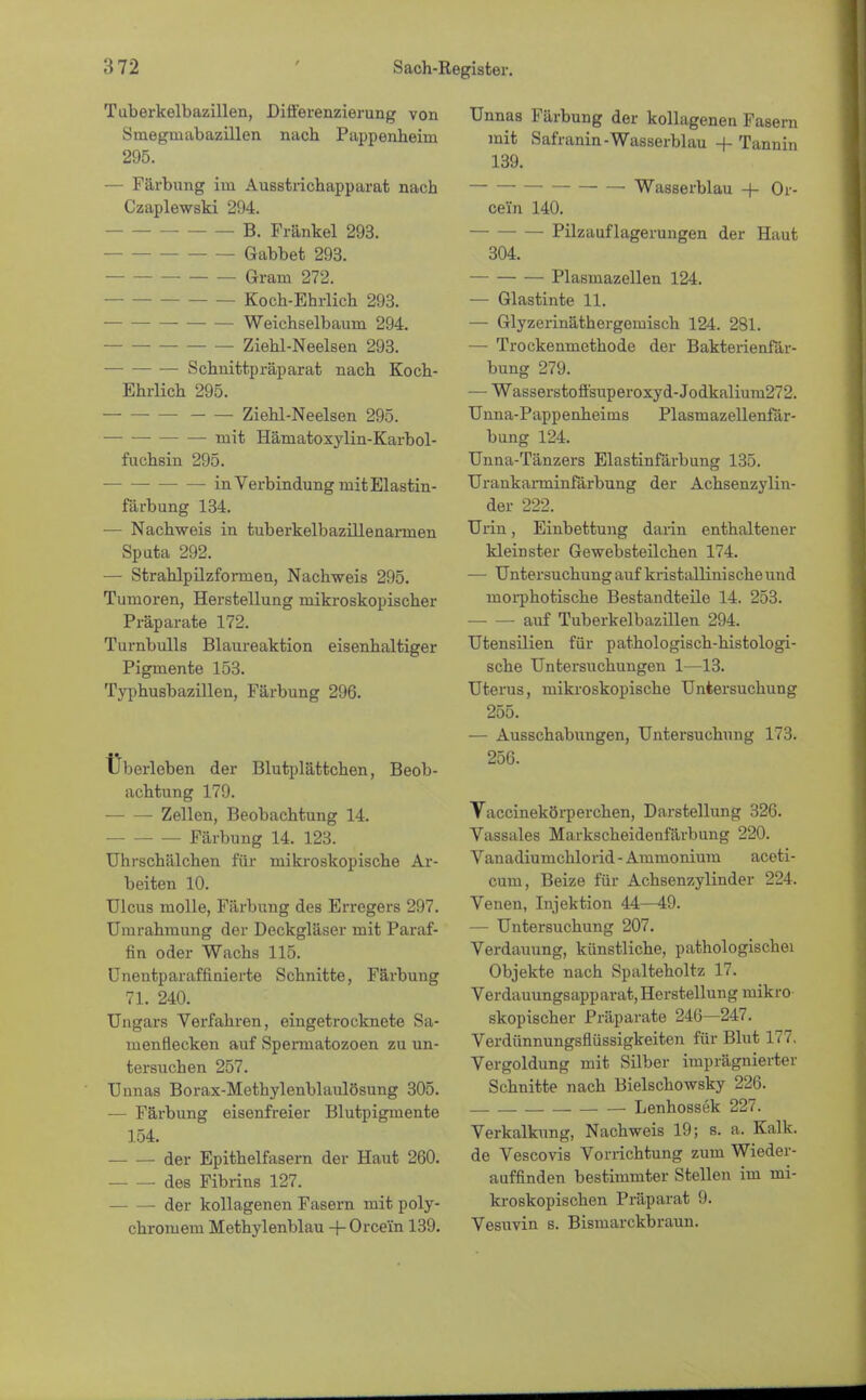 Tuberkelbazillen, Differenzierung von Smegniabazillen nacb Pappenbeini 295. — Färbung im Ausstrichapparat nach Czaplewski 294. B. Fränkel 293. Gabbet 293. Gram 272. Koch-Ehrlich 293. Weichselbaum 294. ■ Ziehl-Neelsen 293. Schnittpräparat nach Koch- Ehrlich 295. — — — Ziehl-Neelsen 295. — mit Häraatoxylin-Karbol- fuchsin 295. in Verbindung mit Elastin- färbung 134. — Nachweis in tuberkelbazillenarmen Sputa 292. — Strahlpilzformen, Nachweis 295. Tumoren, Herstellung mikroskopischer Präparate 172. Turnbulls Blaureaktion eisenhaltiger Pigmente 153. Typhusbazillen, Färbung 296. Überleben der Blutplättchen, Beob- achtung 179. Zellen, Beobachtung 14. Färbung 14. 123. Uhrschälchen für mikroskopische Ar- beiten 10. Ulcus molle, Färbung des Erregers 297. Umrahmung der Deckgläser mit Paraf- fin oder Wachs 115. Unentparaffinierte Schnitte, Färbung 71. 240. Ungars Verfahren, eingetrocknete Sa- menflecken auf Speimatozoen zu un- tersuchen 257. Unnas Borax-Methylenblaulösung 305. — Färbung eisenfreier Blutpigmente 154. der Epithelfasern der Haut 260. des Fibrins 127. der kollagenen Fasern mit poly- chromem Methylenblau +Orcein 139. Unnas Färbung der kollagenen Fasern mit Safranin-Wasserblau -f- Tannin 139. Wasserblau -f- Or- cei'n 140. Pilzauflagerungen der Haut 304. Plasmazellen 124. — Glastinte 11. — Glyzerinäthergemisch 124. 281. — Trockenmethode der Bakterienfär- bung 279. — Wasserstoffsuperoxyd-Jodkalium272. Unna-Pappenheitus Plasmazellenfär- bung 124. Unna-Tänzers Elastinfärbung 135. Urankarminfärbung der Achsenzylin- der 222. Urin, Einbettung darin enthaltener kleinster Gewebsteil chen 174. — Untersuchung auf kristallinische und inorphotische Bestandteile 14. 253. auf Tuberkelbazillen 294. Utensilien für pathologisch-histologi- sche Untersuchungen 1—13. Uterus, mikroskopische Untersuchung 255. — Ausschabungen, Untersuchung 173. 256. Vaccinekörperchen, Darstellung 326. Vassales Markscheidenfärbung 220. Vanadiumchlorid - Ammonium aceti- cum, Beize für Achsenzylinder 224. Venen, Injektion 44—49. — Untersuchung 207. Verdauung, künstliche, pathologischei Objekte nach Spalteholtz 17. Verdauungsapparat, Herstellung mikro skopischer Präparate 246—247. Verdünnungsflüssigkeiten für Blut 177. Vergoldung mit Silber imprägnierter Schnitte nach Bielschowsky 226. Lenhossek 227. Verkalkung, Nachweis 19; s. a. Kalk. de Vescovis Vorrichtung zum Wieder- auffinden bestimmter Stellen im mi- kroskopischen Präparat 9. Vesuvin s. Bismarckbraun.
