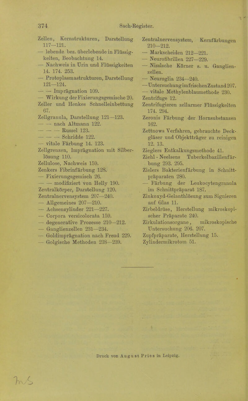 Zellen, Kernstrukturen, Darstellung 117—121. — lebende bez. überlebende in Flüssig- keiten, Beobachtung 14. — Nachweis in Urin und Flüssigkeiten 14. 174. 253. — Protoplasmastrukturen, Darstellung 121—124. Imprägnation 109. --- Wirkung der Fixierungsgemische 20. Zeller und Henkes Schnelleinbettung 67. Zellgranula, Darstellung 121—123. — — nach Altmann 122. Rüssel 123. Schridde 122. — vitale Färbung 14. 123. Zellgrenzen, Imprägnation mit Silber- lösung 110. Zellulose, Nachweis 159. Zenkers Fibrinfärbung 12S. — Fixierungsgemisch 26. modifiziert von Helly 190. Zentralkörper, Darstellung 120. Zentralnervensystem 207—240. — Allgemeines 207—210. — Achsenzylinder 221—227. — Corpora versicolorata 159. — degenerative Prozesse 210—212. — Ganglienzellen 231—234. — Goldimprägnation nach Freud 229. — Golgische Methoden 23S—239. Zentralnervensystem, Kernfärbungen 210—212. — Markscheiden 212—221. — Neurofibrillen 227—229. — Nissische Körner s. u. Ganglien- zellen. — Neuroglia 234—240. —U ntersu chung im frischen Zustand 207. — vitale Methylenblaumethode 230. Zentrifuge 12. Zentrifugieren zellarmer Flüssigkeiten 174. 294. Zeronis Färbung der Hornsubstanzen 162. Zettnows Verfahren, gebrauchte Deck- gläser und Objektträger zu reinigen 12. 13. Zieglers Entkalkungsmethode 41. Ziehl - Neelsens Tuberkelbazillenfär- bung 293. 295. Zielers Bakterienfärbung in Schnitt- präparaten 280. — Färbung der Leukocytengranula im Schnittpräparat 187. Zinkoxyd-Gelanthlösung zum Signieren auf Glas 11. Zirbeldrüse, Herstellung mikroskopi- scher Präparate 240. Zirkulationsorgane, mikroskopische Untersuchung 206. 207. Zupfpräparate, Herstellung 15. Zyliudermikrotoin 51. Druck von August Pries in Leipzig.