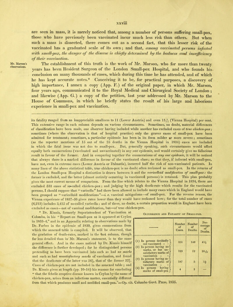 are seen in mass, it is merely noticed that, among a number of persons suffering small-pox, those who have previously been vaccinated incur much less risk than others. But when such a mass is dissected, there comes out as a second fact, that this lesser risk of the vaccinated has a graduated scale of its own; and that, among vaccinated perso?is infected with small-pox, the danger of the disease is chiefly determined by the badness and insufficiency of their vaccination. Mr. Marson's The establishment of this truth is the work of Mr. Marson, who for more than twenty years has been Resident Surgeon of the London Small-pox Hospital, and who founds his conclusion on many thousands of cases, which during this time he has attended, and of which he has kept accurate notes.* Conceiving it to be, for practical purposes, a discovery of high importance, I annex a copy (App. F.) of the original paper, in which Mr. Marson, four years ago, communicated it to the Royal Medical and Chirurgical Society of London ; and likewise (App. G.) a copy of the petition, last year addressed by Mr. Marson to the House of Commons, in which he briefly states the result of his large and laborious experience in small-pox and vaccination. its fatality ranged from an inappreciable smallness to 11 (Lower Austria) and even 13-^- (Vienna Hospital) per cent. This extensive range in each column depends on various circumstances. Sometimes, no doubt, material differences of classification have been made, one observer having included while another has excluded cases of true chicken-pox ; sometimes (where the observation is that of hospital practice) only the graver cases of small-pox have been admitted for treatment; sometimes, a particular epidemic has been in its form milder more severe ; sometimes (as the reporter mentions of 15 out of the 25 deaths in the Vienna Hospital in 1834) cases are included in which the fatal issue was not due to small-pox. But, generally speaking, such circumstances would affect equally both enumerations (vaccinated and unvaccinated) in any one epidemic, and would certainly give no fallacious result in favour of the former. And in comparing together the enumerations of any one epidemic, it will be noticed that always there is a marked difference in favour of the vaccinated class; so that they, if infected with small-pox, have not, even in extreme cases (Lower Austria or Dalmatia), incurred half the risk of non-vaccinated patients. In many lines of the above statistical table, true chicken-pox is no doubt often reckoned as small-pox. In the returns of the London Small-pox Hospital a distinction is drawn between it and the varicelloid modification of small-pox: the former is excluded, and the latter (almost entirely occurring in vaccinated persons) is retained. This plan probably gives the most correct means of comparison. From the line which relates to the Vienna Hospital in 1834, there are excluded 533 cases of so-called chicken-pox ; and judging by the high death-rate which results for the vaccinated persons, I should suppose that  varicella had there been allowed to include many cases which in England would have been grouped as  varicelloid modifications—i. e. vaccinal mitigations—of small-pox. For the reverse reason, the Vienna experience of 1837-56 gives rates lower than they would have reckoned here; for the total number of cases (6,213) includes 3,415 of so-called varicella; and of these, no doubt, a certain proportion would in England have been excluded as cases—not of vaccinal modification, but—of true chicken-pox. * Dr. Kinnis, formerly Superintendent of Vaccination at Occurrence akd Fatality of Small-pox. Colombo, in his  Eeport on Small-pox as it appeared at Ceylon in 1833-4, and in an Appendix relating to observations made by Dr. Forbes in the epidemic of 1830, gives enumerations from which the annexed table is compiled. It will be obseiwed, that the gradation of death-rates, marked in the iast column, though far less detailed than in Mr. Marson's statement, is to the same general effect. And in the cases noticed by Dr. Kinnis himself the difference is further developed; for he distinguished persons pretending to have been vaccinated into such as had no marks and such as had unsatisfactory marks of vaccination, and found that the death-rate of the latter was 26-J-, that of the former 32 J. Cases of chicken-pox are not included in the annexed table ; and Dr. Kinnis gives at length (pp, 10-14) his reasons for concluding  that the febrile eruptive disease known in Ceylon by the name of chicken-pox, arises from an infectious matter, essentially different from that which produces small and modified small-pox.—Op. cit. Colombo Govt. Press, 1835. Number Number Per- of Cases. of Deaths. centage of Deaths. (1) In persons decidedly! 351 146 4H not vaccinated - -J (2) In persons having no| marks, or but un- 1 satisfactory marks of [ 199 52 vaccination - - J (3) In persons having sa- 1 tisfactory marks of V 187 3 vaccination - - J (4) In persons having \ 4 2 marks of small-pox J