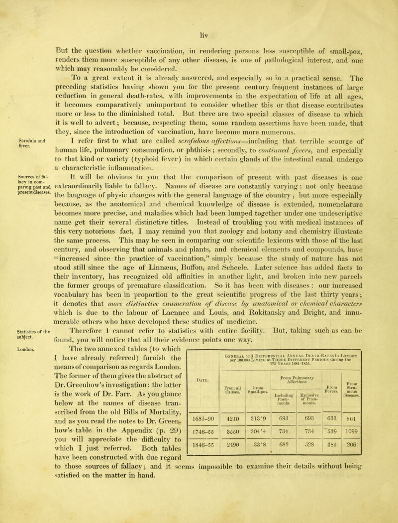 Scrofula and fever. Sources of fal- lacy in com- paring past and present diseases. Statistics of the subject. London. But the question whether vaccination, in rendering persons less susceptible of small-pox, renders them more susceptible of any other disease, is one of pathological interest, and one which may reasonably be considered. To a great extent it is already answered, and especially so in a practical sense. The preceding statistics having shown you for the present century frequent instances of large reduction in general death-rates, with improvements in the expectation of life at all ages, it becomes comparatively unimportant to consider whether this or that disease contributes more or less to the diminished total. But there are two special classes of disease to which it is well to advert; because, respecting them, some random assertions have been made, that they, since the introduction of vaccination, have become more numerous. I refer first to what are called scrofulous affections—including that terrible scourge of human life, pulmonary consumption, or phthisis ; secondly, to continued fevers, and especially to that kind or variety (typhoid fever) in which certain glands of the intestinal canal undergo a characteristic inflammation. It will be obvious to you that the comparison of present with past diseases is one extraordinarily liable to fallacy. Names of disease are constantly varying : not only because the language of physic changes with the general language of the country ; but more especially because, as the anatomical and chemical knowledge of disease is extended, nomenclature becomes more precise, and maladies which had been lumped together under one undescriptive name get their several distinctive titles. Instead of troubling you with medical instances of this very notorious fact, I may remind you that zoology and botany and chemistry illustrate the same process. This may be seen in comparing our scientific lexicons with those of the last century, and observing that animals and plants, and chemical elements and compounds, have increased since the practice of vaccination, simply because the study of nature has not stood still since the age of Linnaeus, Buffon, and Scheele. Later science has added facts to their inventory, has recognized old affinities in another light, and broken into new parcels the former groups of premature classification. So it has been with diseases : our increased vocabulary has been in proportion to the great scientific progress of the last thirty years; it denotes that more distinctive enumeration of disease by anatomical or chemical characters which is due to the labour of Laennec and Louis, and Rokitansky and Bright, and innu- merable others who have developed these studies of medicine. Therefore I cannot refer to statistics with entire facility. But, taking such as can be found, you will notice that all their evidence points one way. The two annexed tables (to which I have already referred) furnish the means of comparison as regards London. The former of them gives the abstract of Dr. Greenhow's investigation: the latter is the work of Dr. Farr. As you glance below at the names of disease tran- scribed from the old Bills of Mortality, and as you read the notes to Dr. Green- how's table in the Appendix (p. 29) you will appreciate the difficulty to which I just referred. Both tables have been constructed with due regard to those sources of fallacy; and it seems impossible to examine their details without being satisfied on the matter in hand. Date. General and Differential Annual Death-Rates in London per 100.000 Living at Three Different Periods during the 175 Years 1681-1855. From all Causes. iroru Small-pox. From Pi Affec Including Pneu- monia. dmonary tions Exclusive of Pneu- monia. From Fevers. From Stru- mous diseases. 16S1-90 4210 313*9 693 693 633 801 1746-55 3550 304*4 734< 734 ~539 1099 1846-55 2490 33'8 682 528 385 206