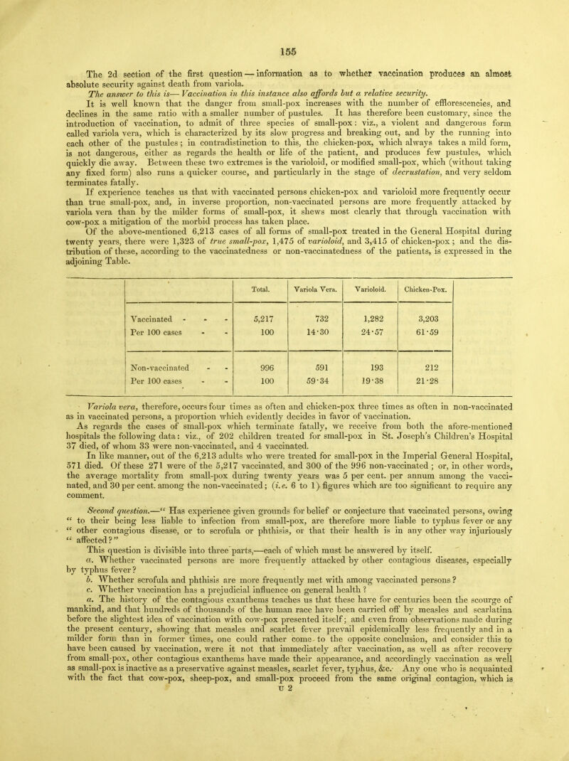 The 2d section of the first question — information as to whether vaccination produces an almost absolute security against death from variola. The answer to this is— Vaccination in this instance also affords but a relative security. It is well known that the danger from small-pox increases with the number of efflorescencies, and declines in the same ratio with a smaller number of pustules. It has therefore been customary, since the introduction of vaccination, to admit of three species of small-pox : viz., a violent and dangerous form called variola vera, which is characterized by its slow progress and breaking out, and by the running into each other of the pustules; in contradistinction to this, the chicken-pox, which always takes a mild form, is not dangerous, either as regards the health or life of the patient, and produces few pustules, which quickly die away. Between these two extremes is the varioloid, or modified small-pox, which (without taking any fixed form) also runs a quicker course, and particularly in the stage of decrustation, and very seldom terminates fatally. If experience teaches us that with vaccinated persons chicken-pox and varioloid more frequently occur than true small-pox, and, in inverse proportion, non-vaccinated persons are more frequently attacked by variola vera than by the milder forms of small-pox, it shews most clearly that through vaccination with cow-pox a mitigation of the morbid process has taken place. Of the above-mentioned 6,213 cases of all forms of small-pox treated in the General Hospital during twenty years, there were 1,323 of true small-pox, 1,475 of varioloid, and 3,415 of chicken-pox; and the dis- tribution of these, according to the vaccinatedness or non-vaccinatedness of the patients, is expressed in the adjoining Table. Total. Variola Vera. Varioloid. Chicken-Pox. Vaccinated - Per 100 cases 5,217 100 732 14-30 1,282 24-57 3,203 61-59 Non-vaccinated Per 100 cases 996 100 591 59-34 193 19-38 212 21-28 ■ Variola vera, therefore, occurs four times as often and chicken-pox three times as often in non-vaccinated as in vaccinated persons, a proportion which evidently decides in favor of vaccination. As regards the cases of small-pox which terminate fatally, we receive from both the afore-mentioned hospitals the following data: viz., of 202 children treated for small-pox in St. Joseph's Children's Hospital 37 died, of whom 33 were non-vaccinated, and 4 vaccinated. In like manner, out of the 6,213 adults who were treated for small-pox in the Imperial General Hospital, 571 died. Of these 271 were of the 5,217 vaccinated, and 300 of the 996 non-vaccinated ; or, in other words, the average mortality from small-pox during twenty years was 5 per cent, per annum among the vacci- nated, and 30 per cent, among the non-vaccinated ; (i. e. 6 to 1) figures which are too significant to require any comment. Second question.— Has experience given grounds for belief or conjecture that vaccinated persons, owing  to their being less liable to infection from small-pox, are therefore more liable to typhus fever or any  other contagious disease, or to scrofula or phthisis, or that their health is in any other way injuriously c; affected? This question is divisible into three parts,—each of which must be answered by itself. a. Whether vaccinated persons are more frequently attacked by other contagious diseases, especially by typhus fever? b. Whether scrofula and phthisis are more frequently met with among vaccinated persons ? c. Whether vaccination has a prejudicial influence on general health ? a. The history of the contagious exanthems teaches us that these have for centuries been the scourge of mankind, and that hundreds of thousands of the human race have been carried off by measles and scarlatina before the slightest idea of vaccination with cow-pox presented itself; and even from observations made during the present century, showing that measles and scarlet fever prevail epidemically less frequently and in a milder form than in former times, one could rather come to the opposite conclusion, and consider this to have been caused by vaccination, were it not that immediately after vaccination, as well as after recovery from small-pox, other contagious exanthems have made their appearance, and accordingly vaccination as well as small-pox is inactive as a preservative against measles, scarlet fever, typhus, &cv Any one who is acquainted with the fact that cow-pox, sheep-pox, and small-pox proceed from the same original contagion, which is TJ 2