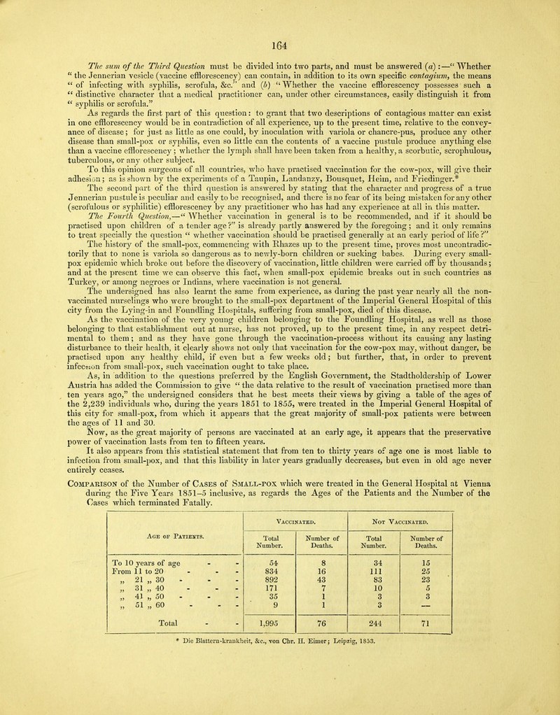 The sum of the Third Question must be divided into two parts, and must be answered (a):— Whether  the Jennerian vesicle (vaccine efflorescency) can contain, in addition to its own specific contagium, the means of infecting with syphilis, scrofula, &c/' and (b) Whether the vaccine efflorescency possesses such a  distinctive character that a medical practitioner can, under other circumstances, easily distinguish it from  syphilis or scrofula. As regards the first part of this question: to grant that two descriptions of contagious matter can exist in one efflorescency would be in contradiction of all experience, up to the present time, relative to the convey- ance of disease; for just as little as one could, by inoculation with variola or chancre-pus, produce any other disease than small-pox or syphilis, even so little can the contents of a vaccine pustule produce anything else than a vaccine efflorescency ; whether the lymph shall have been taken from a healthy, a scorbutic, scrophulous, tuberculous, or any other subject. To this opinion surgeons of all countries, who have practised vaccination for the cow-pox, will give their adhesion; as is shown by the experiments of a Taupin, Landanzy, Bousquet, Heirn, and Friedinger.* The second part of the third question is answered by stating that the character and progress of a true Jennerian pustule is peculiar and easily to be recognised, and there is no fear of its being mistaken for any other (scrofulous or syphilitic) efflorescency by any practitioner who has had any experience at all in this matter. The Fourth Question,— Whether vaccination in general is to be recommended, and if it should be practised upon children of a tender age ? is already partly answered by the foregoing; and it only remains to treat specially the question  whether vaccination should be practised generally at an early period of life l The history of the small-pox, commencing with Rhazes up to the present time, proves most uncontradic- torily that to none is variola so dangerous as to newly-born children or sucking babes. During every small- pox epidemic which broke out before the discovery of vaccination, little children were carried off by thousands; and at the present time we can observe this fact, when small-pox epidemic breaks out in such countries as Turkey, or among negroes or Indians, where vaccination is not general. The undersigned has also learnt the same from experience, as during the past year nearly all the non- vaccinated nurselings who were brought to the small-pox department of the Imperial General Hospital of this city from the Lying-in and Foundling Hospitals, suffering from small-pox, died of this disease. As the vaccination of the very young children belonging to the Foundling Hospital, as well as those belonging to that establishment out at nurse, has not proved, up to the present time, in any respect detri- mental to them; and as they have gone through the vaccination-process without its causing any lasting disturbance to their health, it clearly shows not only that vaccination for the cow-pox may, Avithout danger, be practised upon any healthy child, if even but a few weeks old; but further, that, in order to prevent infection from small-pox, such vaccination ought to take place. As, in addition to the questions preferred by the English Government, the Stadtholdership of Lower Austria has added the Commission to give  the data relative to the result of vaccination practised more than ten years ago, the undersigned considers that he best meets their views by giving a table of the ages of the 2,239 individuals who, during the years 1851 to 1855, were treated in the Imperial General Hospital of this city for small-pox, from Avhich it appears that the great majority of small-pox patients were between the ages of 11 and 30. Now, as the great majority of persons are vaccinated at an early age, it appears that the preservative power of vaccination lasts from ten to fifteen years. It also appears from this statistical statement that from ten to thirty years of age one is most liable to infection from small-pox, and that this liability in later years gradually decreases, but even in old age never entirely ceases. Comparison of the Number of Cases of Small-pox which were treated in the General Hospital at Vienna during the Five Years 1851-5 inclusive, as regards the Ages of the Patients and the Number of the Cases which terminated Fatally. Vaccinated. Not Vaccinated. Age of Patients. Total Number of Total Number of Number. Deaths. Number. Deaths. To 10 years of age 54 8 34 15 From 11 to 20 834 16 111 25 „ 21 „ 30 - 892 43 83 23 „ 31 „ 40 - - 171 7 10 5 „ 41 „ 50 - 35 1 3 3 „ 51 „ 60 - - - 9 l 3 Total L995 76 244 71 * Die Blattem-krankheit, &c., von Chr. II. Eimer; Leipzig, 1853.