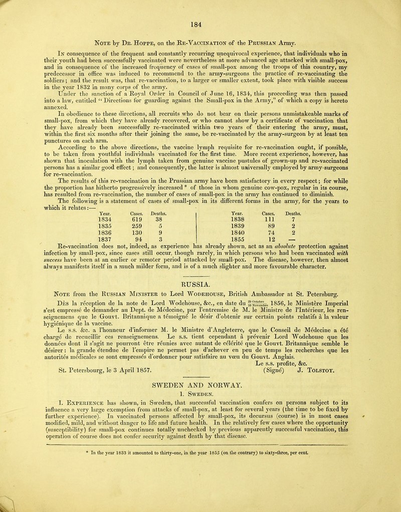 Note by De. Hoppe, on the Re-Vaccination of the Prussian Army. In consequence of the frequent and constantly recurring unequivocal experience, that individuals who in their youth had been successfully vaccinated were nevertheless at more advanced age attacked with small-pox, and in consequence of the increased frequency of cases of small-pox among the troops of this country, my predecessor in office was induced to recommend to the army-sm*geons the practice of re-vaccinating the soldiers; and the result was, that re-vaccination, to a larger or smaller extent, took place with visible success in the year 1832 in many corps of the army. Under the sanction of a Royal Order in Council of June 16, 1834, this proceeding was then passed into a law, entitled  Directions for guarding against the Small-pox in the Army, of which a copy is hereto annexed. In obedience to these directions, all recruits who do not bear on their persons unmistakeable marks of small-pox, from which they have already recovered, or who cannot show by a certificate of vaccination that they have already been successfully re-vaccinated within two years of their entering the army, must, within the first six months after their joining the same, be re-vaccinated by the army-surgeon by at least ten punctures on each arm. According to the above directions, the vaccine lymph requisite for re-vaccination ought, if possible, to be taken from youthful individuals vaccinated for the first time. More recent experience, however, has shown that inoculation with the lymph taken from genuine vaccine pustules of grown-up and re-vaccinated persons has a similar good effect; and consequently, the latter is almost universally employed by army-surgeons for re-vaccination. The results of this re-vaccination in the Prussian army have been satisfactory in every respect; for while the proportion has hitherto progressively increased * of those in whom genuine cow-pox, regular in its course, has resulted from re-vaccination, the number of cases of small-pox in the army has continued to diminish. The following is a statement of cases of smali-pox in its different forms in the army, for the years to which it relates:— Year. Cases. Deaths. Year. Cases. Deaths. 1834 619 38 1838 Ill 7 1835 259 5 1839 89 2 1836 130 9 1840 74 2 1837 94 3 1855 12 Re-vaccination does not, indeed, as experience has already shown, act as an absolute protection against infection by small-pox, since cases still occur, though rarely, in which persons who had been vaccinated with success have been at an earlier or remoter period attacked by small-pox. The disease, however, then almost always manifests itself in a much milder form, and is of a much slighter and more favourable character. RUSSIA. Note from the Russian Minister to Lord Wodehouse, British Ambassador at St. Petersburg. Des la reception de la note de Lord Wodehouse, &c, en date du ^-sovembre 1856, le Ministere Imperial s'est empresse de demander au Dept. de Medecine, par l'entremise de M. le Ministre de l'Interieur, les ren- seignemens que le Gouvt. Britannique a temoigne le desir dobtenir sur certain points relatifs a la valeur hygienique de la vaccine. Le S.S. &c. a Fhonneur d'informer M. le Ministre d'Angleterre, que le Conseil de Medecine a ete charge' de recueillir ces renseignemens. Le 8.8. tient cependant a prevenir Lord Wodehouse que les donnees dont il s'agit ne pourront etre reunies avec autant de celerite que le Gouvt. Britannique semble le desirer: la grande dtendue de l'empire ne permet pas d'achever en peu de temps les recherches que les autorites medicales se sont empresses d'ordonner pour satisfaire au vceu du Gouvt. Anglais. Le s.s. profite, &c. St. Petersbourg, le 3 April 1857. (Signs') J. Tolstoy. SWEDEN AND NORWAY. 1. Sweden. I. Experience has shown, in Sweden, that successful vaccination confers on persons subject to its influence a very large exemption from attacks of small-pox, at least for several years (the time to be fixed by further experience). In vaccinated persons affected by small-pox, its decursus (course) is in most cases modified, mild, and without danger to life and future health. In the relatively few cases where the opportunity (susceptibility) for small-pox continues totally unchecked by previous apparently successful vaccination, this operation of course does not confer security against death by that disease. * In the year 1833 it amounted to thirty-one, in the year 1855 (on the contrary) to sixty-three, per cent