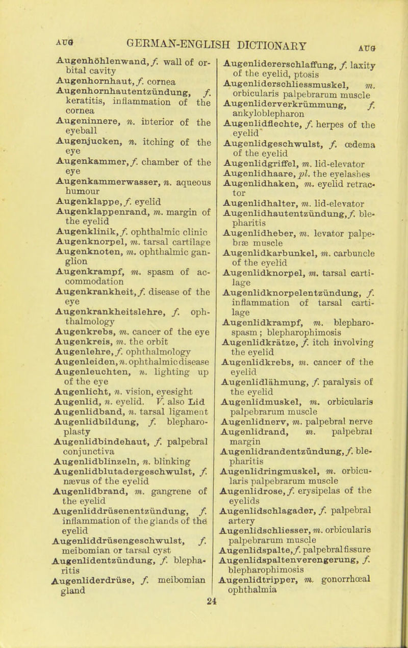 Augenhdhlenwand,/. wall of or- bital cavity Augenhornliaut,/. cornea Augenlioriiliautentzundung, /. keratitis, inflammation of the cornea Augerdnnere, n. interior of the eyeball Augenjucken, n. itching of the eye Augenkammer,/. chamber of the eye Augenkammerwasser, n. aqueous humour Augenklappe,/. eyelid Augenklappenrand, m. margin of the eyelid Augenklinik,/. ophthalmic clinic Augenknorpel, m. tarsal cartilage Augenknoten, m. ophthalmic gan- glion Augenkrampf, m. spasm of ac- commodation Augenkrankheit,/. disease of the eye Augenkrankheitslehre, /. oph- thalmology Augenkrebs, m. cancer of the eye Augenkreis, m. the orbit Augenlehre,/. ophthalmology Augenleiden, n. ophthalmic disease Augenleuchten, n. lighting up of the eye Angenlicht, n. vision, eyesight Augenlid, n. eyelid. V. also Lid Augenlidband, n. tarsal ligament Augenlidbildung, /. blepharo- plasty Augenlidbindehaut, /. palpebral conjunctiva Augenlidblinzeln, 7i. blinking Augenlidblutadergeschwulst, /. ntevus of the eyelid Augenlidbrand, m. gangrene of the eyelid Augenliddrusenentziindung, /. inflammation of the glands of the eyelid Augenliddriisengesch.wulst, /. meibomian or tarsal cyst Augenlidentzundung, /. blepha- ritis Augenliderdruse, /. meibomian gland Augenlidererschlaflfung, /. laxity of the eyelid, ptosis Augenliderschliessmuskel, m. orbicularis palpebrarum muscle Augenliderverkrummung, /. ankyloblepharon Augenlidflechte, /. herpes of the eyelid' Augenlidgeschwulst, /. oedema of the eyelid Augenlidgriflfel, m. lid-elevator Augenlidhaare, the eyelashes Augenlidhaken, m. eyelid retrac- tor Augenlidhalter, m. lid-elevator Augenlidhautentzundung,/. ble- pharitis Augenlidheber, m. levator palpe- biaj muscle Augenlidkarbunkel, m. carbuncle of the eyelid Augenlidknorpel, m. tarsal carti- lage Augenlidknorpelentzund\ing, /. inflammation of tarsal carti- lage Augenlidkrampf, m. blepharo- spasm ; blepharophimosis Augenlidkratze, /. itch involving the eyelid Augenlidkrebs, m. cancer of the eyelid Augenlidlahmung, /. paralysis of the eyelid Augenlidmuskel, m. orbicularis palpebrarum muscle Augenlidnerv, m. palpebral nerve Augenlidrand, m. palpebral margin Augenlidrandentziindung,/. ble- pharitis Augenlidringmuskel, m. orbicu- laris palpebrarum muscle Augenlidrose,/. erysipelas of the eyelids Augenlidschlagader, /. palpebral artery Augenlidschliesser, m. orbicularis palpebrarum muscle Augenlidspalte,/. palpebral fissure Augenlidspaltenverengerung, /. blepharophi mosis Augenlidtripper, m. gonorrhoeal ophthalmia