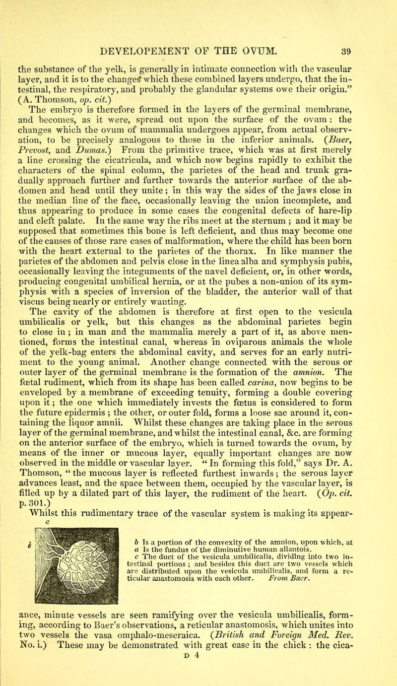 the substance of the yelk, is generally in intimate connection with the vascular layer, and it is to the changes* which these combined layers undergo, that the in- testinal, the respiratory, and probably the glandular systems owe their origin. (A. Thomson, op. cit.) The embryo is therefore formed in the layers of the germinal membrane, and becomes, as it Avere, spread out upon the surface of the ovum : the changes which the ovum of mammalia undergoes appear, from actual observ- ation, to be precisely analogous to those in the inferior animals. (Baer, Prevost, and Dumas.') From the primitive trace, which was at first merely a line crossing the cicatricula, and which now begins rapidly to exhibit the characters of the spinal column, the parietes of the head and trunk gra- dually approach further and further towards the anterior surface of the ab- domen and head until they unite; in this way the sides of the jaws close in the median line of the face, occasionally leaving the union incomplete, and thus appearing to produce in some cases the congenital defects of hare-lip and cleft palate. In the same way the ribs meet at the sternum ; and it may be supposed that sometimes this bone is left deficient, and thus may become one of the causes of those rare cases of malformation, where the child has been born with the heart external to the parietes of the thorax. In like manner the parietes of the abdomen and pelvis close in the lineaalba and symphysis pubis, occasionally leaving the integuments of the navel deficient, or, in other words, producing congenital umbilical hernia, or at the pubes a non-union of its sym- physis with a species of inversion of the bladder, the anterior wall of that viscus being nearly or entirely wanting. The cavity of the abdomen is therefore at first open to the vesicula umbilicalis or yelk, but this changes as the abdominal parietes begin to close in ; in man and the mammalia merely a part of it, as above men- tioned, forms the intestinal canal, whereas in oviparous animals the whole of the yelk-bag enters the abdominal cavity, and serves for an early nutri- ment to the young animal. Another change connected with the serous or outer layer of the germinal membrane is the formation of the amnion. The foetal rudiment, which from its shape has been called carina, now begins to be enveloped by a membrane of exceeding tenuity, forming a double covering upon it; the one which immediately invests the foetus is considered to form the future epidermis ; the other, or outer fold, forms a loose sac around it, con- taining the liquor amnii. Whilst these changes are taking place in the serous layer of the germinal membrane, and whilst the intestinal canal, &c. are forming on the anterior surface of the embryo, which is turned towards the ovum, by means of the inner or mucous layer, equally important changes are now observed in the middle or vascular layer. In forming this fold, says Dr. A. Thomson, the mucous layer is reflected furthest inwards; the serous layer advances least, and the space between them, occupied by the vascular layer, is filled up by a dilated part of this layer, the rudiment of the heart. (Op. cit. p. 301.) Whilst this rudimentary trace of the vascular system is making its appear- ed b Is a portion of the convexity of the amnion, upon which, at a Is the fundus of the diminutive human allantois. c The duct of the vesicula ..umbilicalis, dividing into two in- testinal portions ; and besides this duct are two vessels which are distributed upon the vesicula umbilicalis, and form a re- ticular anastomosis with each other. From Baer. ance, minute vessels are seen ramifying over the vesicula umbilicalis, form- ing, according to Baer's observations, a reticular anastomosis, which unites into two vessels the vasa omphalo-meseraica. (British and Foreign Med. Rev. No. i.) These may be demonstrated with great ease in the chick : the cica-