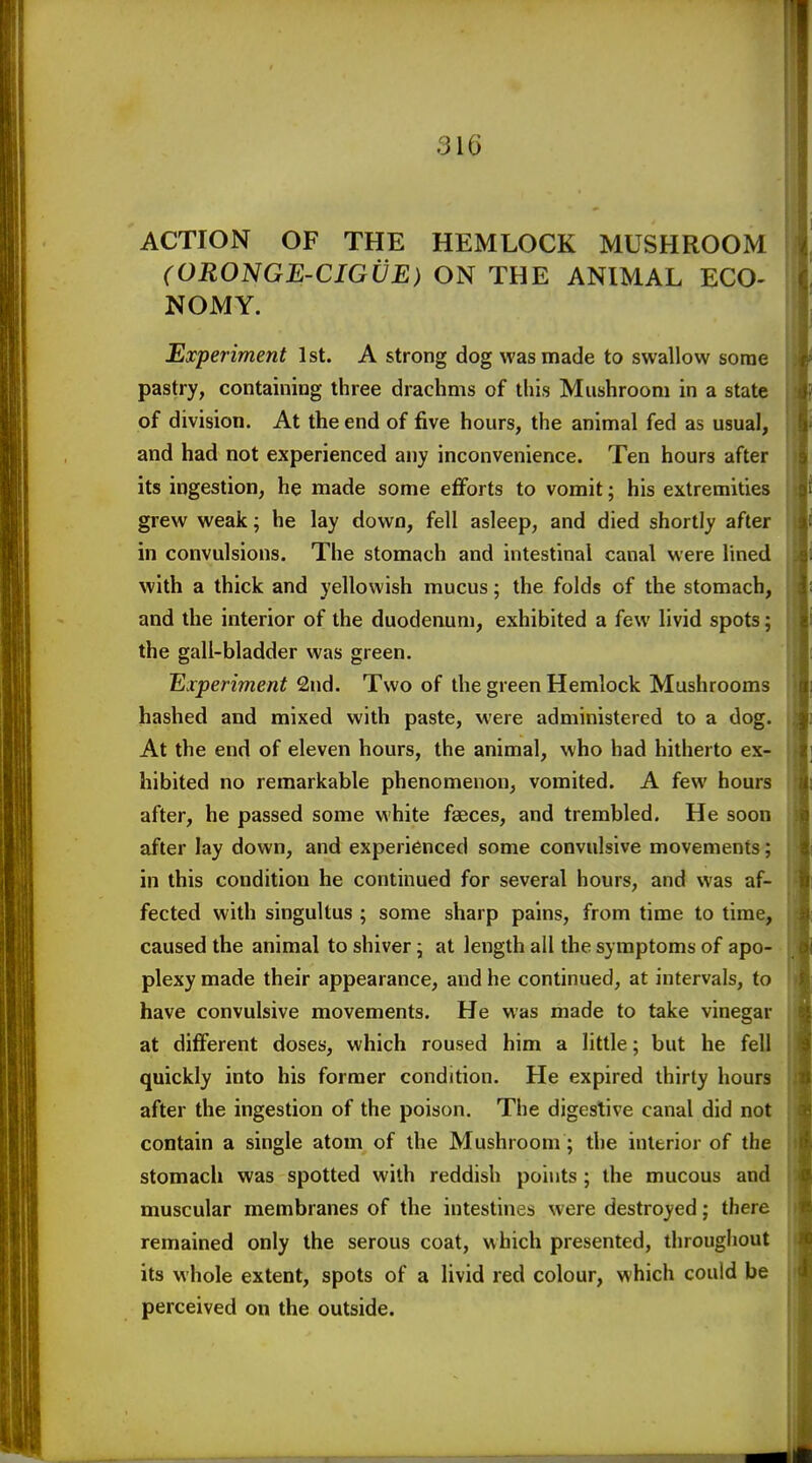 ACTION OF THE HEMLOCK MUSHROOM (ORONGE-CIGUE) ON THE ANIMAL ECO- NOMY. Experiment 1st. A strong dog was made to swallow some pastry, containing three drachms of this Mushroom in a state of division. At the end of five hours, the animal fed as usual, and had not experienced any inconvenience. Ten hours after its ingestion, he made some eflforts to vomit; his extremities grew weak; he lay down, fell asleep, and died shortly after in convulsions. The stomach and intestinal canal were lined with a thick and yellowish mucus; the folds of the stomach, and the interior of the duodenum, exhibited a few livid spots; the gall-bladder was green. Experiment 2nd. Two of the green Hemlock Mushrooms hashed and mixed with paste, were administered to a dog. At the end of eleven hours, the animal, who had hitherto ex- hibited no remarkable phenomenon, vomited. A few hours after, he passed some white faeces, and trembled. He soon after lay down, and experienced some convulsive movements; in this condition he continued for several hours, and was af- fected with singultus ; some sharp pains, from time to time, caused the animal to shiver; at length all the symptoms of apo- plexy made their appearance, and he continued, at intervals, to have convulsive movements. He was made to take vinegar at different doses, which roused him a little; but he fell quickly into his former condition. He expired thirty hours after the ingestion of the poison. The digestive canal did not contain a single atom of the Mushroom; the interior of the stomach was spotted with reddish points ; the mucous and muscular membranes of the intestines were destroyed; there remained only the serous coat, which presented, throughout its whole extent, spots of a livid red colour, which could be perceived on the outside.