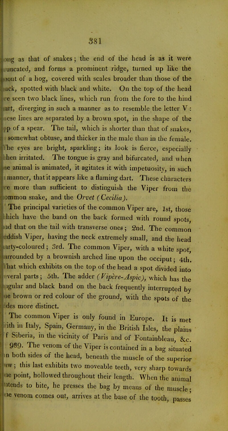 ms. as that of snakes; the end of the head is as it were uncated, and forms a prominent ridge, turned up like the lout of a hog, covered with scales broader than those of the ack, spotted with black and white. On the top of the head e seen two black lines, which run from the fore to the hind ;irt, diverging in such a manner as to resemble the letter V : ese lines are separated by a brown spot, in the shape of the p of a spear. The tail, which is shorter than that of snakes, somewhat obtuse, and thicker in the male than in the female, he eyes are bright, sparkHng; its look is fierce, especially hen irritated. The tongue is gray and bifurcated, and when 16 animal is animated, it agitates it with impetuosity, in such manner, that it appears like a flaming dart. These characters e more than sujfficient to distinguish the Viper from the )mmon snake, and the Orvet (Cecilia), The principal varieties of the common Viper are, 1st, those hich have the band on the back formed with round spots, id that on the tail with transverse ones; 2nd. The common ddish Viper, having the neck extremely small, and the head irty-coloured; 3rd. The common Viper, with a white spot, irrounded by a brownish arched line upon the occiput • 4th. hat which exhibits on the top of the head a spot divided into veral parts; 5th. The adder (Viphre-Aspic), which has the Igular and black band on the back frequently interrupted by iC brown or red colour of the ground, with the spots of the des more distinct. The common Viper is only found in Europe. It is met ith in Italy, Spain, Germany, in the British Isles, the plains f Siberia, in the vicinity of Paris and of Fontainbleau, &c. 989. The venom of the Viper is contained in a bag situated n both sides of the head, beneath the muscle of the superior iw; this last exhibits two moveable teeth, very sharp towards When the animal Uends to bite, he presses the bag by means of the muscle • le venom comes out, arrives at the base of the tooth, passes