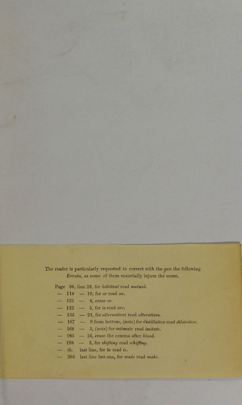 The reader is particularly requested to correct with the pen the following Errata, as some of them materially injure the sense. Page 96, line 23, for habitual read mutual. — 118 — 19, for or read on. — 121 — 4, erase or. — 122 — 5, for is read are. — 135 — 21, for alternatives read alteratives. — 167 — 9 from bottom, (note) for distillation read dilatation. — 168 — 3, (note) fovintimate read imUate. — 185 — 16, erase the comma after blood. — 198 — 3, for shifting read wkiffiny. — ib. last line, for be read is. — 203 last line but one, for made read make.