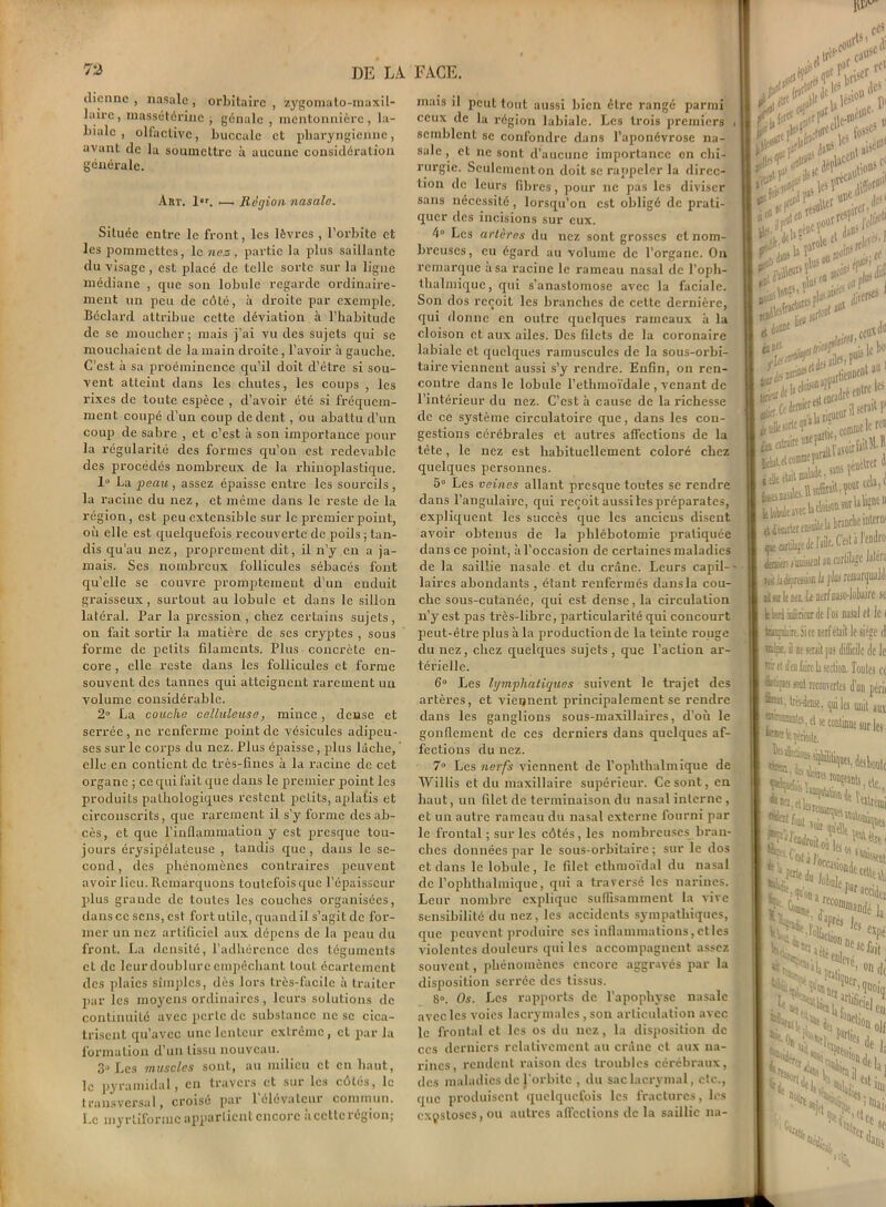 dienne , nasale , orbitaire , zygomato-maxil- 1 aire, massétériue , génale , mentonnière, la- biale , olfactive, buccale et pharyngienne, avant de la soumettre à aucune considération générale. Art. l«r. .—. Région nasale. Située entre le front, les lèvres , l’orbite et les pommettes, le nez, partie la plus saillante du visage , est placé de telle sorte sur la ligne médiane , que son lobule regarde ordinaire- ment un peu de côté, à droite par exemple. Béclard attribue cette déviation à l’habitude de se moucher; mais j’ai vu des sujets qui se mouchaient de la main droite , l’avoir à gauche. C’est à sa proéminence qu'il doit d’étre si sou- vent atteint dans les chutes, les coups , les rixes de toute espèce , d’avoir été si fréquem- ment coupé d’un coup de dent , ou abattu d’un coup de sabre , et c’est à son importance pour la régularité des formes qu’on est redevable des procédés nombreux de la rhinoplastique. 1° La peau , assez épaisse entre les sourcils, la racine du nez, et même dans le reste de la région, est peu extensible sur le premier point, où elle est quelquefois recouverte de poils; tan- dis qu’au nez, proprement dit, il n’y en a ja- mais. Ses nombreux follicules sébacés font qu’elle se couvre promptement d’un enduit graisseux, surtout au lobule et dans le sillon latéral. Par la pression, chez certains sujets, on fait sortir la matière de scs cryptes , sous forme de petits filaments. Plus concrète en- core , elle reste dans les follicules et forme souvent des tannes qui atteignent rarement un volume considérable. 2° La couche celluleuse, mince, dense et serrée , ne renferme point de vésicules adipeu- ses sur le corps du nez. Plus épaisse, plus lâche, ' elle en contient de très-fines à la racine de cet organe ; ce qui fait que dans le premier point les produits pathologiques restent petits, aplatis et circonscrits, que rarement il s’y forme des ab- cès, et que l’inflammation y est presque tou- jours érysipélateuse , tandis que, dans le se- cond , des phénomènes contraires peuvent avoir lieu. Remarquons toutefois que l’épaisseur plus grande de toutes les couches organisées, dans ce sens, est fort utile, quand il s’agit de for- mer un nez artificiel aux dépens de la peau du front. La densité, l’adhérence des téguments et de leur doublure empêchant tout écartement des plaies simples, dès lors très-facile à traiter par les moyens ordinaires, leurs solutions de continuité avec perle de substance ne se cica- trisent qu’avec une lenteur extrême, et par la formation d’un tissu nouveau. 3» Les muscles sont, au milieu et en haut, le pyramidal, en travers et sur les côtés, le transversal, croisé par l'élévateur commun. Le myrliformc appartient encore à cette région; mais il peut tout aussi bien être rangé parmi ceux de la région labiale. Les trois premiers , semblent se confondre dans l’aponévrose na- sale , et ne sont d’aucune importance on chi- rurgie. Seulement on doit se rappeler la direc- tion de leurs fibres, pour ne pas les diviser sans nécessité, lorsqu’on est obligé de prati- quer des incisions sur eux. 4° Les artères du nez sont grosses et nom- breuses, eu égard au volume de l’organe. On remarque à sa racine le rameau nasal de l’oph- thalmiquc, qui s’anastomose avec la faciale. Son dos reçoit les branches de cette dernière, qui donne en outre quelques rameaux à la cloison et aux ailes. Des filets de la coronaire labiale et quelques ramuscules de la sous-orbi- taire viennent aussi s’y rendre. Enfin, on ren- contre dans le lobule l’ethmoïdale , venant de l’intérieur du nez. C’est à cause de la richesse de ce système circulatoire que, dans les con- gestions cérébrales et autres affections de la tête, le nez est habituellement coloré chez quelques personnes. 5° Les veines allant presque toutes se rendre dans l’angulaire, qui reçoit aussilespréparâtes, expliquent les succès que les anciens disent avoir obtenus de la phlébotomie pratiquée dans ce point, à l’occasion de certaines maladies de la saillie nasale et du crâne. Leurs capil-- laires abondants , étant renfermés dans la cou- che sous-cutanée, qui est dense, la circulation n’y est pas très-libre, particularité qui concourt peut-être plus à la production de la teinte rouge du nez, chez quelques sujets, que l’action ar- térielle. 6° Les lymphatiques suivent le trajet des artères, et viennent principalement se rendre dans les ganglions sous-maxillaires, d’où le gonflement de ces derniers dans quelques af- fections du nez. 7° Les nerfs viennent de l’ophtlialmique de Willis et du maxillaire supérieur. Ce sont, en haut, un filet de terminaison du nasal interne , et un autre rameau du nasal externe fourni par le frontal ; sur les côtés, les nombreuses bran- ches données par le sous-orbitaire; sur le dos et dans le lobule, le filet ethmoïdal du nasal de l’ophthalmique, qui a traversé les narines. Leur nombre explique suffisamment la vive sensibilité du nez, les accidents sympathiques, que peuvent produire ses inflammations,etles violentes douleurs qui les accompagnent assez souvent, phénomènes encore aggravés par la disposition serrée des tissus. 8». Os. Les rapports de l’apophyse nasale avec les voies lacrymales, son articulation avec le frontal et les os du nez , la disposition de ces derniers relativement au crâne et aux na- rines, rendent raison des troubles cérébraux, des maladies de {'orbite , du sac lacrymal, etc., que produisent quelquefois les fractures, les cxpstoscs, ou autres affections de la saillie na- y V»* JjlP ■ nd®5 kV/'V1 aisêïD ,tt» .ilstffl Licau'l0D : ‘'.JW te#c ,.„rcr f»1 I fjnt ' * J,p il é ^ J***? nJ1,parM»D£ ****«£ comme | et connue çaraâ I JJïéUitmiWe^aWÎ ÎÏUiwUfc**. H àwarter cnstnlela branche qae ortiiîfe de lailc. C’est a 1 dernier- i'imisstsl su cartilaîc ™ -, liai ie rifiie fl- lc Rrâ inît rieur de Foi i J inokiriSite nerfétai I 'fibi. il ne serait pii el Wiiden fe la sttlioi «ni recouverte: I “Sa. IrinliM, qui L J ÿwrata, tt «coati [ fellipiojjj. S*!8’*»» I Ci^oèls ■ -N,%|lf itî. «lie Ni, On ert. ' «ot