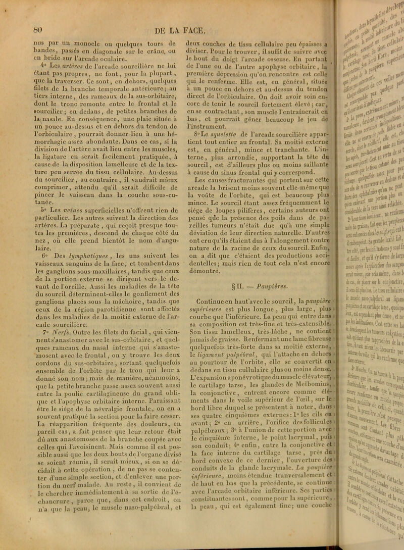 mis par un monocle ou quelques tours de bandes, passés en diagonale sur le crâne, ou en bride sur l’arcade oculaire. 4° Les artères de l'arcade sourcilière ne lui étant pas propres, ne font, pour la plupart, que la traverser. Ce sont, en dehors, quelques filets de la branche temporale antérieure; au tiers interne, des rameaux delà sus-orbitaire, dont le tronc remonte entre le frontal et le sourcilier; en dedans, de petites branches de la,nasale. En conséquence, une plaie située à un pouce au-dessus et en dehors du tendon de l’orbiculairc , pourrait donner lieu à une hé- morrhagie assez abondante. Dans ce cas, si la division de l’artère avait lieu entre les muscles, la ligature en serait facilement pratiquée, à cause de la disposition lamcllcuse et de la tex- ture peu serrée du tissu cellulaire. Au-dessus du sourcilier , au contraire , il vaudrait mieux comprimer, attendu qu’il serait difficile de pincer le vaisseau dans la couche sous-cu- tanée. 5° Les veinas superficielles n’offrent rien de particulier. Les autres suivent la direction des artères. La préparate , qui reçoit presque tou- tes les premières, descend de chaque côté du nez , où elle prend bientôt le nom d’angu- laire. 6° Des lymphatiques , les uns suivent les vaisseaux sanguins de la face, et tombent dans les ganglions sous-maxillaires, tandis que ceux de la portion externe se dirigent vers le de- vant de l’oreille. Aussi les maladies de la tète du sourcil déterminent-elles le gonflement des ganglions placés sous la mâchoire, tandis que ceux de la région parotidienne sont affectés dans les maladies de la moitié externe de l’ar- cade sourcilière. 7° Nerfs. Outre les filets du facial, qui vien- nent s’anasLomer avec le sus-orbitaire , et quel- ques rameaux du nasal interne qui s’anasto- mosent avec le frontal, on y trouve les deux cordons du sus-orbitaire , sortant quelquefois ensemble de l'orbite par le trou qui leur a donné son nom; mais de manière, néanmoins, que la petite branche passe assez souvent aussi entre la poulie cartilagineuse du grand obli- que et l’apophyse orbitaire interne. Paraissant être le siège de la névralgie frontale, on en a souvent pratiqué la section pour la faire cesser. La réapparition fréquente des douleurs, en pareil cas, a fait penser que leur retour était dû aux anastomoses de la branche coupée avec celles qui l’avoisinent. Mais comme il est pos- sible aussi que les deux bouts de l’organe divisé se soient réunis, il serait mieux, si on se dé- cidait à cette opéx-alion , de ne pas 6e conten- ter d’une simple section, et d’enlever une por- tion du nerf malade. Au reste , il convient de le chercher immédiatement à sa sortie de l’é- chancrure, parce que, dans cet endroit, on n’a que la peau, le muscle naso-palpébral, et deux couches de tissu cellulaire peu épaisses a diviser. Pour le trouver, il suffit de suivre avec le bout du doigt l’arcade osseuse. En partant de l’une ou de l’autre apophyse orbitaire, la première dépression qu’on rencontre est celle qui le renferme. Elle est, en général, située a un pouce en dehors et au-dessus du tendon direct de l’orbiculairc. On doit avoir soin en- core de tenir le sourcil fortement élevé ; car, en se contractant, son muscle l’entraînerait en bas , et pourrait gêner beaucoup le jeu de l’instrument. S°Lc squelette de l’arcade sourcilière appar- tient tout entier au frontal. Sa moitié externe est, en général, mince et tranchante. L’in- terne , plus arrondie, supportant la tête du sourcil, est d’ailleurs plus ou moins saillante à cause du sinus frontal qui y correspond. Les causes fracturantes qui portent sur cette arcade la brisent moins souvent elle-même que la voûte de l’orbite, qui est beaucoup plus mince. Le sourcil étant assez fréquemment le siège de loupes pilifères, certains auteurs ont pensé qiie la présence des poils dans de pa- reilles tumeurs n’était duc qu’à une simple déviation de leur direction naturelle. D’autres ont cru qu’ils étaient dus à l’alongement contre nature de la racine de ceux du sourcil. Enfin, ou a dit que c’étaient des productions acci- dentelles; mais rien de tout cela n’est encore démontré. § IL — Paupières. Continue en haut’avecle sourcil, la paupière supérieure est plus longue , plus large, plus ■ courbe que l’inférieure. La peau qui entre dans • sa composition est très-fine et très-extensible. Son tissu lamelleux, très-lâche, ne contient jamais de graisse, Lenfermant une lame Gbrcuse t quelquefois très-forte dans sa moitié externe, le ligament palpébral, qui l’attache en dehors au pourtour de l’orbite, elle se convertit en dedans en tissu cullulairc plus ou moins dense. L’expansion aponévrotique du muscle élévateur, le cartilage tarse, les glandes de Meïbomius, la conjonctive, entrent encore comme élé- ments dans le voile supérieur de l’œil, sur le bord libre duquel se présentent à noter, dans • ses quatre cinquièmes externes : 1° les cils en ayant; 2° en arrière, l’orifice des follicules palpébraux; 3° à l’union de cette portion avec le cinquième interne, le point lacrymal, puis son conduit; 4° enfin, entre la conjonctive et j la face interne du cartilage tarse , près du j bord convexe de ce dernier, l’ouverture des • conduits de la glande lacrymale. La paupière inférieure, moins étendue trauversalcmcnt et , de haut en bas que la précédente, se continue avec l’arcade orbitaire inférieure. Scs parties constituantes sont, comme pour la supérieure, la peau, qui est également fine; une couche ,8^-* f Je’! de di'1' • J^ t*1 A fll» CO' t*551' C qJlfdi jjpC' , ]ibfc 1 .Jjilf la P f (I1) ..voile51 ' runJf0 ,i. rat » fi infb .cv t»*!**? ■ elle6 cln *;* cutané «rt»*11 de> Fal ‘'ïVtîp0^pcr- qudqucft j”1 dcJan5 et d f» fJ17’<î~rentfriercn SftfSSStî peut ou ***?!**»■ coifliiei ; ieufeïltli d’embonpoint. Sa grande lasitc m, trecêté.qnelesinfiltrations y soûl tr rtâcfo. tl ipi'ils'j forme de large m- après l'application des san’sui Riait micas, par cela meme, clans i» de cas. de placer sur la conjonctive, il sera dit pkk Le tissu cellulaire < If Eide naso-palpébral au lijami pnpiêre» et an cartilage tarse, quoique «a, est cependant plus dense, duc 1“ te infiltrations. C’est entre scs lai * Moppentlc; tumeurs enkystées • tt'p’-rfadehc: bcteitenî ^les «nfenne que f^îuels [Wculairt ïr>> ^ », tandis JJ''** ' M Md ^ '-«te plus oriueu» 7N, Cïj5illléc 1W a cot éftiit en,