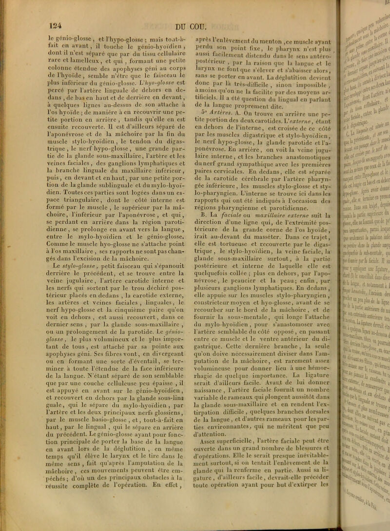 le génio-glosse , et l’hypo-glosse ; mais tout-à- fait en avant, il touche le génio-hyoïdicn , dont il n’est séparé que par du tissu cellulaire rare etlamcllcux, et qui , formant une petite colonne élendue des apophyses géni au corps de l’hyoïde , semble n’ètrc que le faisceau le plus inférieur du génio-glosse. L'hyo-glossa est percé par l'artère linguale de dehors en de- dans , de bas en haut et de derrière en devant, à quelques lignes au-dessus de son attache à l’os hyoïde ; de manière à en recouvrir une pe- tite portion en arrière , tandis qu’elle en est ensuite recouverte. Il est d’ailleurs séparé de l’aponévrose et de la mâchoire par la fin du muscle stylo-hyoïdien , le tendon du digas- trique , le nerf hypo-glosse , une grande par- tie de la glande sous-maxillaire, l’artère et les veines faciales , des ganglions lymphatiques et la branche linguale du maxillaire inférieur , puis , en devant et en haut, par une petite por- tion de la glande sublinguale et du mylo-hyoï- dien. Toutes ces parties sont logées dans un es- pace triangulaire, dont le côté interne est formé par le muscle , le supérieur par la mâ- choire, l’inférieur par l’aponévrose, et qui, se perdant en arrière dans la région paroti- dienne , se prolonge en avant vers la langue , entre le mylo-hyoïdien et le génio-glosse. Comme le muscle hyo-glosse ne s’attache point à l’os maxillaire , scs rapports ne sont pas chan- gés dans l’excision de la mâchoire. Le stylo-glosse, petit faisceau qui s'épanouit derrière le précédent, et se trouve entre la veine jugulaire, l’artère carotide interne et les nerfs qui sortent par le trou déchiré pos- térieur placés en dedans , la carotide externe, les artères et veines faciales, linguales, le nerf hypo-glosse et la cinquième paire qu’on voit en dehors , est aussi recouvert, dans ce dernier sens , par la glande sous-maxillaire , ou un prolongement de la parotide. Le ijénio- c/losse, le plus volumineux et le plus impor- tant de tous , est attaché par sa pointe aux apophyses géni. Scs fibres vont, en divergeant ou en formant une sorte d’éventail, se ter- miner à toute l’étendue de la face inférieure de la langue. N’étant séparé de son semblable que par une couche celluleuse peu épaisse , il est appuyé en avant sur le génio-hyoïdicn, et recouvert en dehors par la glande sous-lina guale, qui le sépare du mylo-hyoïdien, par l’artère et les deux principaux nerfs glossiens, par le muscle hasio-glosse , et, tout-à-fait en haut, par le lingual , qui le sépare en arrière du précédent. Le génio-glosse ayant pour fonc- tion principale de porter la hase de la langue en avant lors de la déglutition , en même temps qu’il élève le larynx et le tire dans le même sens , fait qu’après l’amputation de la mâchoire , ces mouvements peuvent être em- pêchés; d’où un des principaux obstacles à la réussite complète de l’opération. En clfet, api ès 1 enlèvement du menton ,cc muscle ayant perdu son point fixe, le pharynx n’est plus aussi facilement distendu dans le sens antéro- postérieur , par la raison que la langue et le aiynx ne font que s’élever et s’ahaisscr alors, sans se porter en avant. La déglulition devient donc par là très-difficile , sinon impossible , a inoins qu on ne la facilite par des moyens ar- tificiels. 11 a été question du lingual en parlant de la langue proprement dite. o° Artères. A. On trouve en arrière une pe- tite portion des deuxcarolidcs. L’externe, étant en dehors de l’interne, est croisée de ce côté par les muscles digastrique et stylo-hyoïdien, le nert hypo-glosse, la glande parotide et l’a- ponévrose. En arrière , on voit la veine jugu- laire interne , et les branches anastomotiques du nerf grand sympathique avec les premières paires cervicales. En dedans, elle est séparée de la carotide cérébrale par l’artère pharyn- gée inférieure, les muscles stylo-glosse et sty- lo-pharyngien. L’interne se trouve ici dans les rapports qui ont été indiqués à l’occasion des régions pharyngienne et parotidienne. B. La faciale ou maxillaire externe suit la direction d’une ligne qui, de l’extrémité pos- térieure de la grande corne de l’os hyoïde, irait au-devant du masséter. Dans ce trajet, elle est tortueuse et recouverte par le digas- trique , le stylo-hyoïdien, la veine faciale, la glande sous-maxillaire surtout, à la partie postérieure et interne de laquelle elle est quelquefois collée ; plus en dehors, par l’apo- névrose, le peaucier et la peau; enfin, par plusieurs ganglions lymphatiques. En dedans , elle appuie sur les muscles stylo-pharyngien , constricteur moyen et hyo-glosse, avant de se recourber sur le bord de la mâchoire, et de fournir la sous-mentale, qui longe l’attache du mylo-hyoïdien , pour s’anastomoser avec l'artère semblable du côté opposé , en passant entre ce muscle et le ventre antérieur du di- gastrique. Cette dernière branche, la seule qu’on doive nécessairement diviser dans l’am- putation de la mâchoire, est rarement assez volumineuse pour donner lieu à une hémor- rhagie de quelque importance. La ligature serait d’ailleurs facile. Avant de lui donner naissance , l’artère faciale fournit un nombre variable de rameaux qui plongent aussitôt dans la glande sons-maxillaire et en rendent l’ex- tirpation difficile , quelques branches dorsales de la langue , et d’autres rameaux pour les par- ties environnantes, qui ne méritent que peu d’attention. Assez superficielle, l’artère faciale peut être ouverte dans un grand nombre de blessures et d’opérations. Elle le serait presque inévitable- ment surtout, si on tentait l’enlèvement de la glande qui la renferme en partie. Aussi sa li- gature , d’ailleurs facile, devrait-elle précéder toute opération ayant pour but d’extirper les l<’1 &&*!.*&* «Hltf.il* sTûir,l0“ ah tlle se termine en prenat uinl Dans »n Hijet, depuis sqa à la j«rûe saçèriettïe da |«k elle «fournit que de fe1 j. i la palatine inle la glande smi é-meulé, 511. la faciale. Il su r une ligature, tillail dans dira notamment à I • 1 incision de; •lus de la ligne antérieure du ma rail étr< “•dessous d Fourrait fi en ècar roiniçji ‘■dUt( >drc a1 'r que ans L >urei