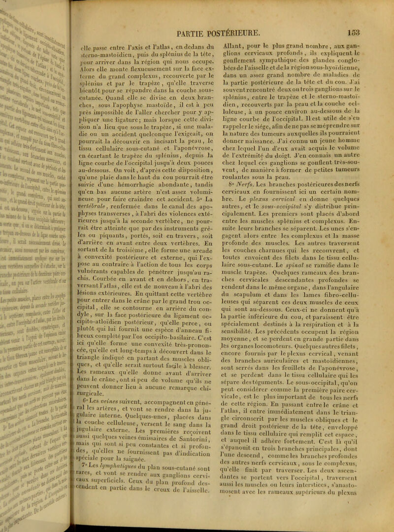 . 3|re Hat IX. «f de/S'ÜÎ St*» -«e ...,- • étT !»C *, ~ *tA S S à ; llliu. 1 • %(..,r ^:^Stion0“l“1' t P»rfi' j4*^* k^l» > 'rieir„ 7CC i':>cc “ «rttont ^ i “*8, ei •*■ a ■Jz:^ *■?*, caché i, pi'a'.-.vA -ïaS6?^ ««BS ^'pnatHlc-vi’Ds de b lipe coult «pi- l ||r '. il serait DéccisairenieDt divisé, [{ rcijin.r, aussi recouvert parles mtpltmi, fit immedutcnicni ipjlijw qof sur les m vertèbre! aiaqneües il s'attache, surla •anche postérirare fit la tomme paire ter- q|,; t un pea sur l'artère vertébrale et sur i tissa cellulaire- I... petits nuscIfJ,(te aire bifflf- i la jfp* js,entre|orT“‘, tTmctriquy, et Krienr.-- sollt .''i.'v^ionèmije l’occipital etl'all,i'Pa,eiW! bleot venu ■ 'Ac;i0UmH.^u: ..H*®*1 •rtfcW,t «tWenU tntIele.f'liCîl ■ - .' nt datai Je nu»»** t'jn’Cnï mb ter^'-iisent P35 tUi rtent !■'= }itb^ ^jeu)*'1®' ^cS^S*# , Jj^1 •*> .a .^t##*** Jaiît*’ . irtcitf ,ü' porte £” c((^ <*r, pe^ -a* ■< .pan- j J/**’' wfpf* PARTIE POSTÉRIEURE. 153 clic passe entre l’axis et. l’atlas, en dedans du sterne-mastoïdien, puis du splénius de la tête, pour arriver dans la région qui nous occupe. Alors elle monte flexucusemcnt sur la face ex- terne du grand complexus, recouverte par le splénius et par le trapèze , qu’elle traverse bientôt pour sc répandre dans la couche sous- cutanée. Quand elle sc divise en deux bran- ches, sous l'apophyse mastoïde, il est à peu près impossible de l’aller chercher pour y ap- pliquer une 'ligature ; mais lorsque cette divi- sion n’a lieu que sous le trapèze, si une mala- die ou un accident quelconque l’exigeait, on pourrait la découvrir en incisant la peau, le tissu cellulaire sous-cutané et l’aponévrose, en écartant le trapèze du splénius, depuis la ligne courbe de l’occipital jusqu’à deux pouces au-dessous. On voit, d’après cette disposition, qu’une plaie dans le haut du cou pourrait être suivie d’une hémorrhagie abondante, tandis qu’en bas aucune artère n’est assez volumi- neuse pour faire craindre cet accident. 5° La vertébrale, renfermée dans le canal des apo- physes transverses , à l’abi’i des violences exté- rieures jusqu’à la seconde vertèbre, ne pour- rait être atteinte que par des instruments grê- les ou piquants, portés, soit en travers , soit d’arrière en avant entre deux vertèbres. En sortant de la troisième , elle forme une arcade à convexité postérieure et externe, qui l’ex- pose au contraire à l’action de tous les corps vulnérants capables de pénétrer jusqu’au ra- chis. Courbée en avant et en dehors, en tra- versant l’atlas, elle est de nouveau à l’abri des lésions extérieures. En quittant celte vertèbre pour entrer dans le crâne parle grand trou oc- cipital, elle se contourne en arrière du con- dyle, sur la face postérieure du ligament oc- cipito-atloïdien postérieur, qu’elle perce, ou plutôt qui lui fournit une espèce d’anneau fi- breux complété par l’os occipito-basilaire. C’est ici qu elle forme une convexité très-pronon- cée, qu elle est long-temps à découvert dans le triangle indiqué en partant des muscles obli- ques, et qu’elle serait surtout facile à blesser. Les rameaux qu’elle donne avant d’arriver dans le crâne , ont si peu de volume qu’ils ne peuvent donner lieu à aucune remarque chi- rurgicale. 6U Les veines suivent, accompagnent en géné- ral les artères, et vont sc rendre dans la ju- gulaire interne. Quelques-unes, placées dans la couche celluleuse, versent le sang dans la jugulaire externe. Les premières reçoivent aussi quelques veines émissaires de Santorini, mais qui sont si peu constantes et si profon- des, qu’elles ne fournissent pas d’indication spéciale pour la saignée. 7“ Lcs lymphatiques du plan sous-cutané sont rares, et vont sc rendre aux ganglions cervi- caux superficiels. Ceux du plan profond des- cendent en partie dans le creux de l’aisselle. Allant, pour le plus grand nombre , aux gan- glions cervicaux profonds, ils expliquent le gonflement sympathique des glandes conglo- bées de faisselle et de la région sous-hyoïdienue, dans un assez grand nombre de maladies de la partie postérieure de la tète et du cou. J’ai souvent rencontré deux ou trois ganglions sur le splénius, entre le trapèze et le sterno-mastoi- dien , recouverts par la peau cl la couche cel- luleuse, à un pouce environ au-dessous de la ligne courbe de l’occipital. 11 est utile de s’eu rappeler le siège, afin de ne pas sc méprendre sur la nature des tumeurs auxquelles ils pourraient donner naissance. J'ai connu un jeune homme chez lequel l’un d’eux avait acquis le volume de l’extrémité du doigt. J’en connais un autre chez lequel ces ganglions se gonflent très-sou- vent, de manière à former de petites tumeurs roulantes sous la peau. 8° Nerfs. Les branches postérieures des nerfs cervicaux en fournissent ici un certain nom- bre. Le plexus cervical en donne quelques autres, et le sous-occipital s’y distribue prin- cipalement. Les premiers sont placés d’abord entre les muscles splénius et complexus. En- suite leurs branches se séparent. Les unes s’en- gagent alors entre les complexus et la masse profonde des muscles. Les autres traversent les couches charnues qui les recouvrent, et toutes envoient des filets dans le tissu cellu- laire sous-cutané. Le spinal se ramifie dans le muscle trapèze. Quelques rameaux des bran- ches cervicales descendantes profondes sc rendent dans le même organe, dans l’angulaire du scapulum et dans les lames fibro-ccllu- leuses qui séparent ces deux muscles de ceux qui sont au-dessous. Ceux-ci ne donnent qu’à la partie inférieure du cou, et paraissent être spécialement destinés à la respiration et à la sensibilité. Les précédents occupent la région moyenne, et se perdent en grande partie dans les organes locomoteurs. Quelquesautres filets , encore fournis par le plexus cervical, venant des branches auriculaires et mastoïdiennes, sont serrés dans les feuillets de l’aponévrose, et se perdent dans le tissu cellulaire qui les sépare des téguments. Le sous-occipital, qu’on peut considérer comme la première paire cer- vicale, est le plus important de tous les nerfs de cette région. En passant entre le crâne et l’allas, il entre immédiatement dans le trian- gle circonscrit par les muscles obliques et le grand droit postérieur de la tête, enveloppé dans le tissu cellulaire qui remplit cct. espace, et auquel il adhère fortement. C’est là qu'il s épanouit en trois branches principales, dont 1 une descend, comme les branches profondes des autres nerfs cervicaux, sous le complexus, qu’elle finit par traverser. Lcs deux ascen- dantes sc portent vers l’occipital, traversent aussi les muscles ou leurs interstices, s'anasto- mosent avec les rameaux supérieurs du plexus