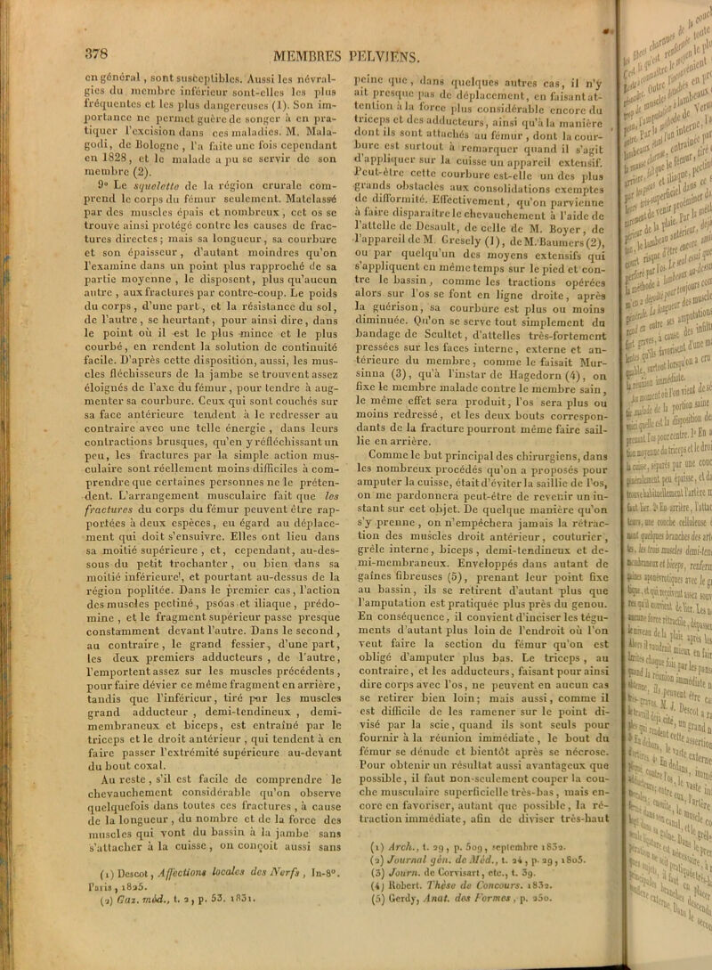 # 378 MEMBRES en général, sont susceptibles* Aussi les névral- gies du membre inférieur sont-elles les plus fréquentes et les plus dangereuses (1). Son im- portance ne permet guère de songer à en pra- tiquer l’excision dans ces maladies. M. Mala- godi, de Bologne , l’a faite une fois cependant en 1828, et le malade a pu se servir de son membre (2). 9° Le squelette de la région crurale com- prend le corps du fémur seulement. Matelassé par des muscles épais et nombreux , cet os se trouve ainsi protégé contre les causes de fruc- tures directes ; mais sa longueur, sa courbure et son épaisseur, d’autant moindres qu’on l’examine dans un point plus rapproché de sa partie moyenne, le disposent, plus qu’aucun, autre , aux fractures par contre-coup. Le poids du corps, d’une part, et la résistance du sol, de l’autre, se heurtant, pour ainsi dire, dans le point où il est le plus -mince et le plus courbé, en rendent la solution de continuité facile. D’après cette disposition, aussi, les mus- cles fléchisseurs de la jambe se trouvent assez éloignés de l’axe du fémur , pour tendre à aug- menter sa courbure. Ceux qui sont couchés sur sa face antérieure tendent à le redresser au contraire avec une telle énergie , dans leurs contractions brusques, qu’en y réfléchissant un peu, les fractures par la simple action mus- culaire sont réellement moins difficiles à com- prendre que certaines personnes ne le préten- dent. L’arrangement musculaire fait que les fractures du corps du fémur peuvent être rap- portées à deux espèces, eu égard au déplace- ment qui doit s’ensuivre. Elles ont lieu dans sa moitié supérieure , et, cependant, au-des- sous du petit trochanter, ou bien dans sa moitié inférieure1, et pourtant au-dessus de la région poplitée. Dans le premier cas, l’action des muscles pcctiné , psôas et iliaque , prédo- mine , et le fragment supérieur passe presque constamment devant l’autre. Dans le second , au contraire, le grand fessier, d’une part, les deux premiers adducteurs , de l’autre, l’emportent assez sur les muscles précédents, pour faire dévier ce même fragment en arrière, tandis que l’inférieur, tiré par les muscles grand adducteur , demi-tendineux , demi- membraneux et biceps, est entraîné par le triceps et le droit antérieur , qui tendent à en faire passer l’extrémité supérieure au-devant du bout coxal. Au reste , s’il est facile de comprendre le chevauchement considérable qu’on observe quelquefois dans toutes ces fractures , à cause de la longueur , du nombre et de la foi-cc des muscles qui vont du bassin à la jambe sans s’attacher à la cuisse , on conçoit aussi sans (i) Descot, Affections locales des Nerfs , In-8°. l’aiis , i8a5. (a) Gai. vuid., t. a , p. 53. ifl3i. PELVIENS. peine que, dans quelques autres cas, il n'y ait presque pas de déplacement, en faisant at- tention a la lorcc plus considérable encore du triceps et des adducteurs, ainsi qu’à la manière dont ils sont attachés au fémur , dont la cour- bure est surtout à remarquer quand il s’agit <1 appliquer sur la cuisse un appareil extensif. Peut-être cette courbure est-elle un des plus •glands obstacles aux consolidations exemptes de difformité. Effectivement, qu’on parvienne à faire disparaître le chevauchement à l’aide de 1 attelle de Dcsault, de celle de M. Boyer, de l’appareil de M. Gresely (1), de M.’Baumcrs (2), ou par quelqu’un des moyens extensifs qui s appliquent en même temps sur le pied et con- tre le bassin, comme les tractions opérées alors sur l’os se font en ligne droite, après la guérison, sa courbure est plus ou moins diminuée. Qu’on se serve tout simplement du bandage de Scultct, d’attelles très-fortement pressées sur les faces interne , externe et an- térieure du membre, oomme le faisait Mur- sinna (3), qu à l’instar de Hagedorn(4), on fixe le membre malade contre le membre sain, le même effet sera produit, l’os sera plus ou moins redressé , et les deux bouts correspon- dants de la fracture pourront même faire sail- lie en arrière. Comme le but principal des chirurgiens, dans les nombreux procédés qu’on a proposés pour amputer la cuisse, était d’éviter la saillie de l’os, on me pardonnera peut-être de revenir un in- stant sur cet objet. De quelque manière qu’on s’y prenne , on n’empêchera jamais la rétrac- tion des muscles droit antérieur, couturier, grêle interne, biceps , demi-tendineux et de- mi-membraneux. Enveloppés dans autant de gaînes fibreuses (5), prenant leur point fixe au bassin, ils se retirent d’autant plus que l’amputation est pratiquée plus près du genou. En conséquence, il convient d’inciser les tégu- ments d’autant plus loin de l’endroit où l’on veut faire la section du fémur qu’on est obligé d’amputer plus bas. Le triceps, au contraire, et les adducteurs, faisant pour ainsi dire corps avec l’os, ne peuvent en aucun cas se retirer bien loin; mais aussi, comme il est difficile de les ramener sur le point di- visé par la scie, quand ils sont seuls pour fournir à la réunion immédiate, le bout du fémur se dénude et bientôt après se nécrose. Pour obtenir un résultat aussi avantageux que possible, il faut non-seulement couper la cou- che musculaire superficielle très-bas, mais en- core en favoriser, autant que possible, la ré- traction immédiate, afin de diviser très-haut (1) Arch., t. 29 , p. Sog, septembre îSâa. (2) Journal gèn. de Mèd., t. a4 , p. 29, i8o5. (3) Journ. de Corvisart, etc., t. 3g. (4J Kobcrt. Thèse de Concours. i83a. (5) Gerdy, Anal, des Formes , p. a5o. |0«>c i,li' »»*;<; v«- * ’a<#deûtnC l'a -!>^ioterP'’ b-' le «V! perforé Ff U méthode iar 1 °5, 3 COU rfesn>“>cle immédiate- l’on vient d£se •'Sri*** la réuniofl i fcwMede la portion saine dispoaüon . rt . J® U 3 de: ü. d moreene du triceps et le droi bcaiüe. séparés par une couc jjamlmenl peu épaisse, et da tauMiitaellcmenQ’artère m faut lkr. 2* En arrière, Vattac ta. me eonebe celluleuse c mal ipdipes Iraicles des arli les, les trois muscles dmi-lcm •eatraueai et biceps, reûfcm piaes iponévrotiques arec le ji VS. éfùeeoTOt assez souv rerqnüccwit Mer.Usm «liés chaque entait *«**.£•» fie- ?randt Sèîi,V;s%,e ^etui c ‘«l » *C ï j ^C’Sîï*'1 fret î^'iîK! ^0,